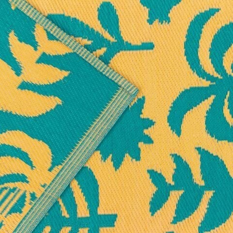 A closeup shot of a recycled plastic outdoor rug with a teal and blue tropical floral design.