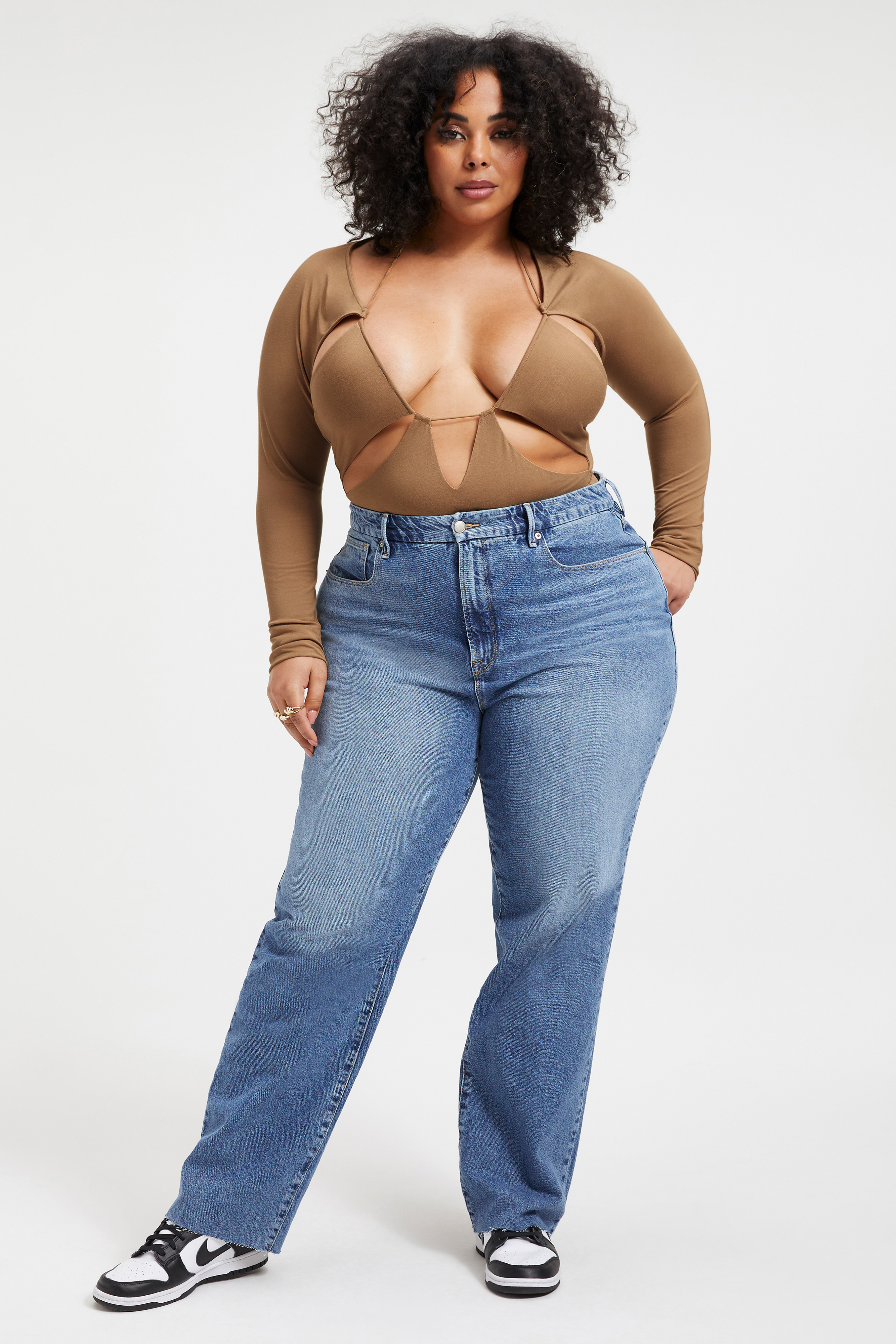 GOOD TOUCH CUT EXTREME BODYSUIT in PECAN001 styled with our GOOD SKATE JEANS in INDIGO062, GOOD GIRLFRIEND PETITE in BLUE448,