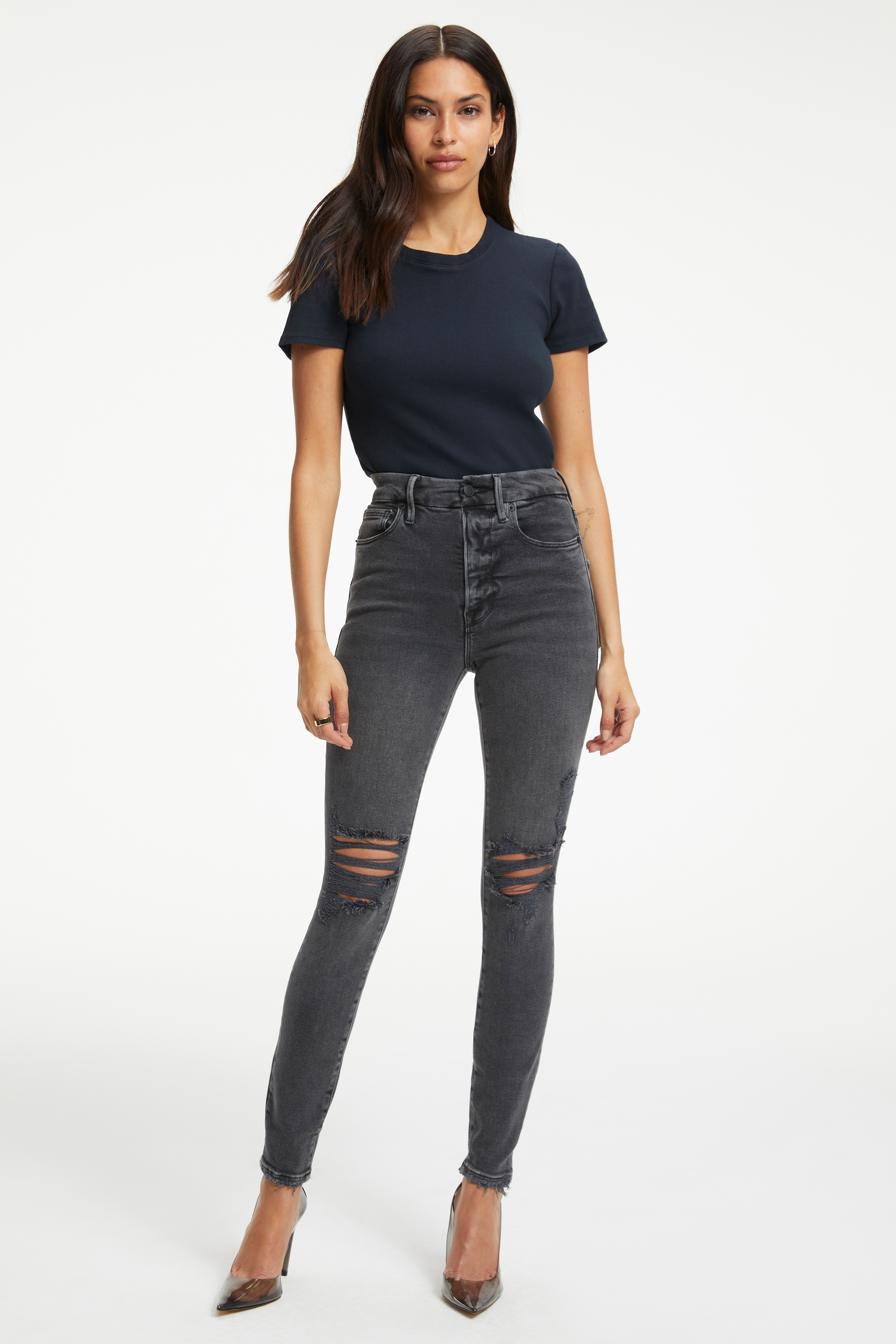 GOOD WAIST JEANS in BLACK275 styled with our COTTON RELAXED CREW NECK in BLACK001, FITTED RIBBED TANK in BLACK001, or COTTON RELAXED V-NECK in BLACK001