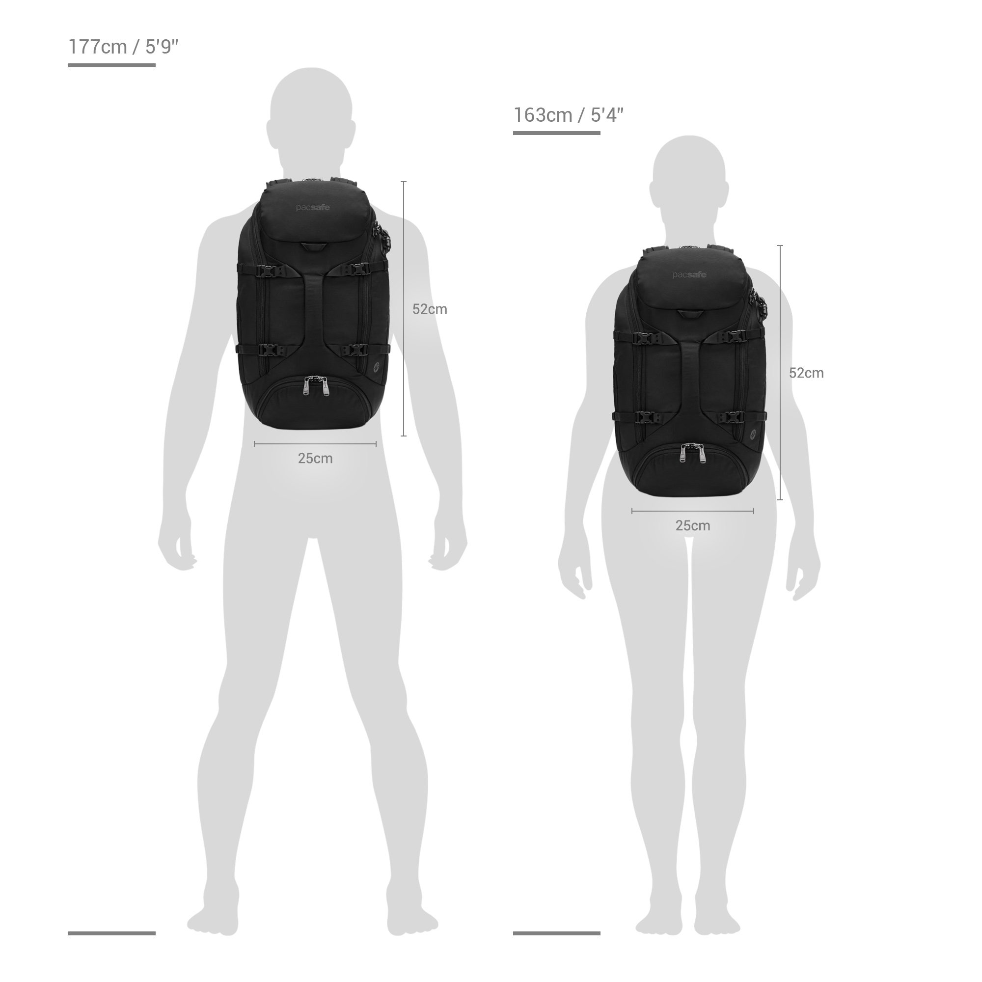 Size chart for Pacsafe® EXP35 anti-theft travel backpack