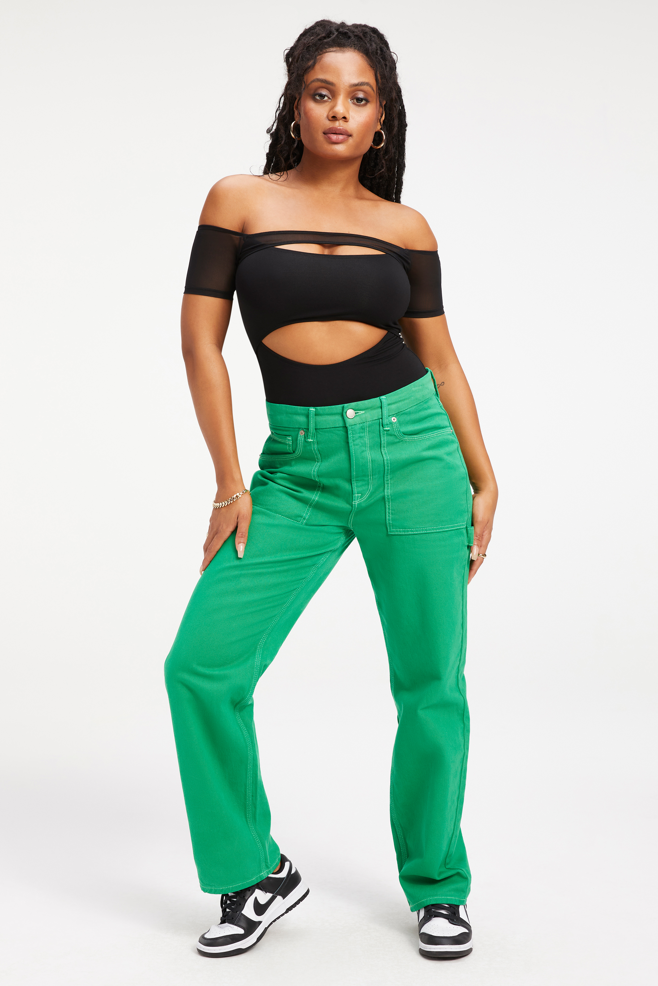 OFF SHOULDER CUT BODYSUIT in BLACK001 styled with our GOOD '90S CARPENTER in SUMMER GREEN002, GOOD '90S SHORT in SUMMER GREEN002, or GOOD '90S in SUMMER GREEN TIE DYE002