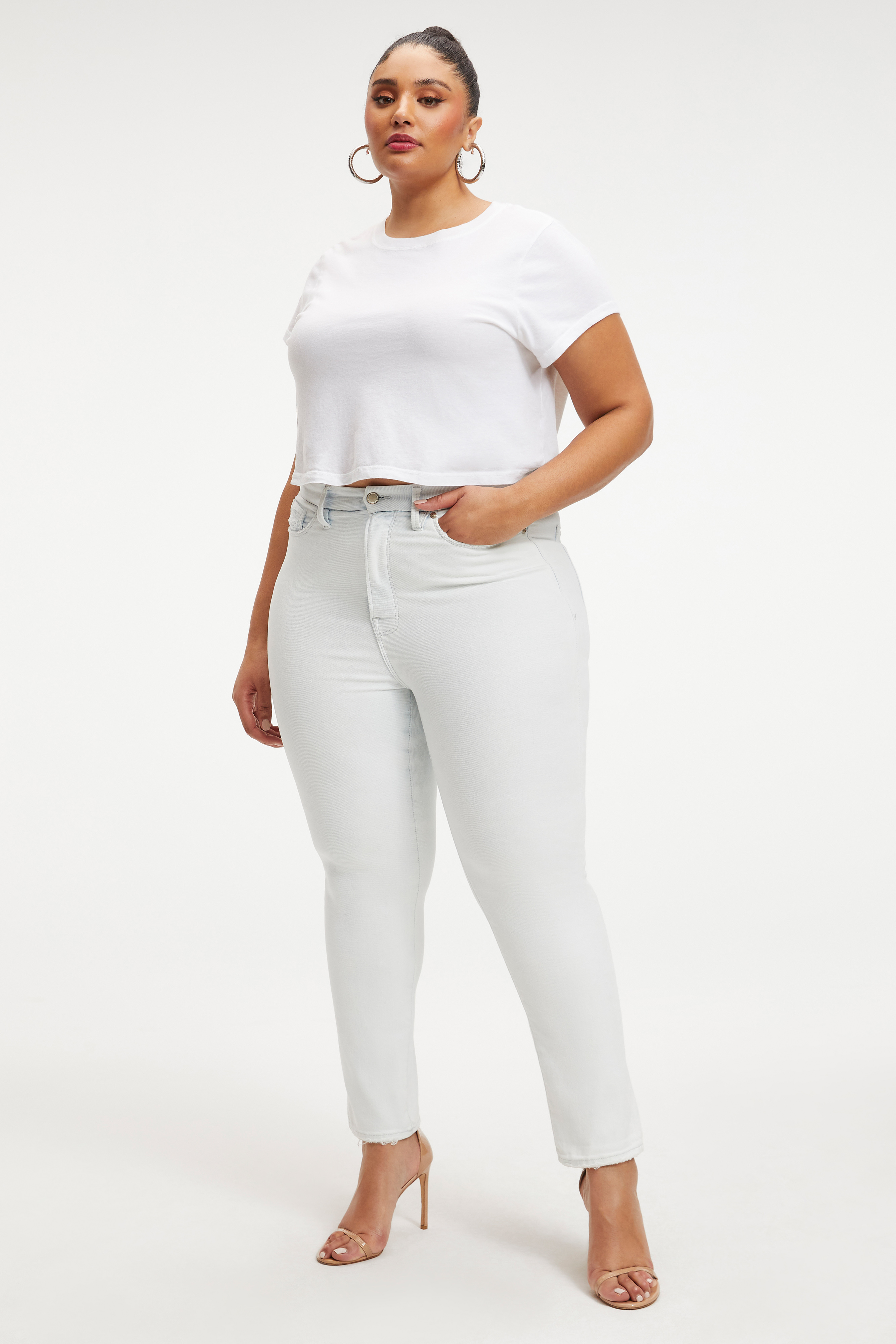GOOD CLASSIC DEEP V YOKE in INDIGO121 styled with our or SCUBA SPAGHETTI BODYSUIT in WHITE001