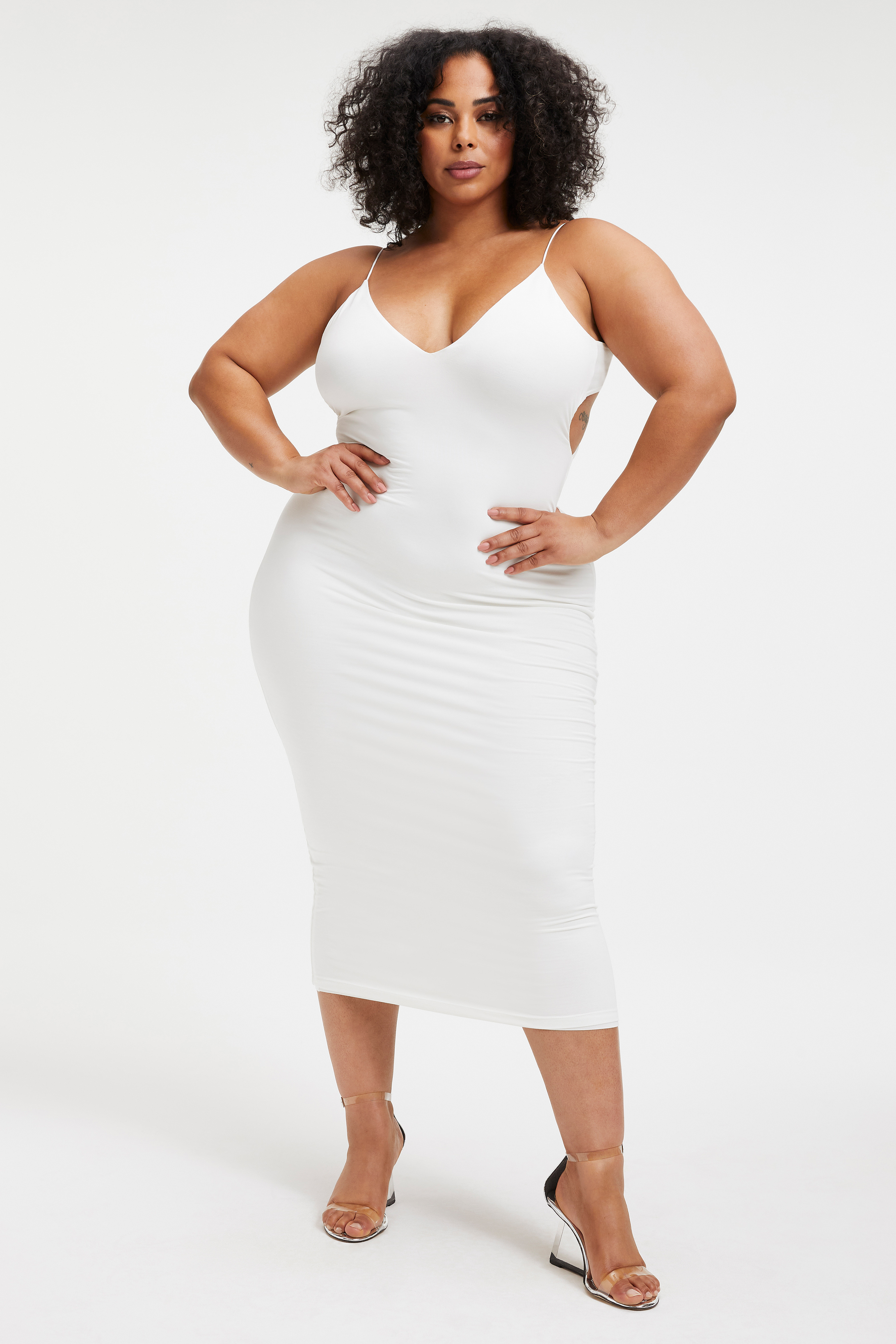 GOOD TOUCH '90s OPEN BACK DRESS in IVORY001 styled with our CINDER-F*CKING-RELLA MULE in GLASS002, or CINDER-F*CKING-RELLA SANDAL in SILVER001