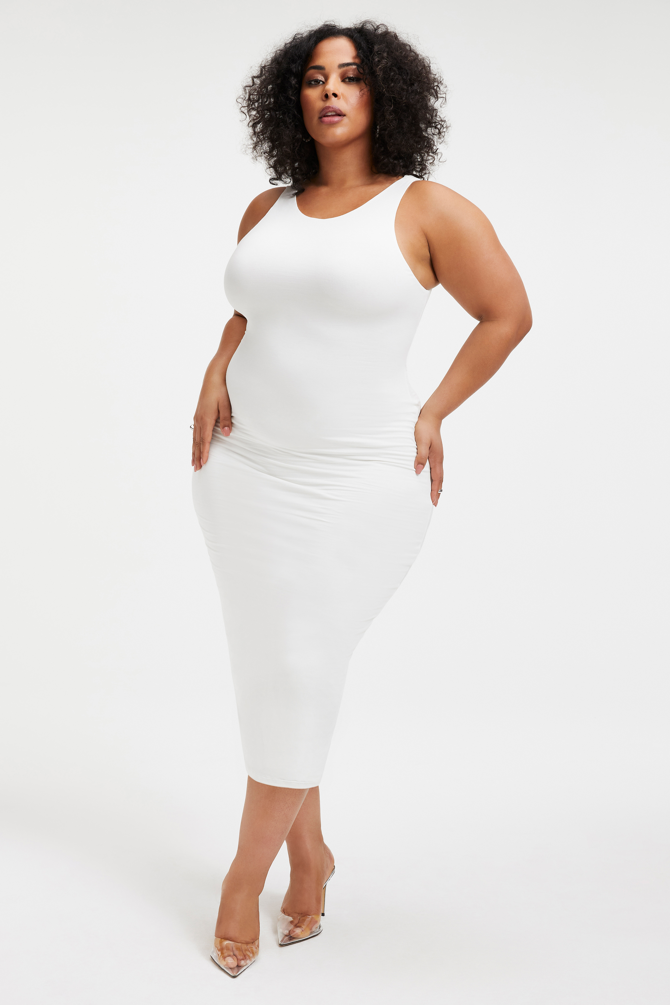 GOOD TOUCH '90S PLUNGE BACK DRESS in IVORY001 styled with our CINDER-F*CKING-RELLA MULE in GLASS002, or CINDER-F*CKING-RELLA SANDAL in SILVER001