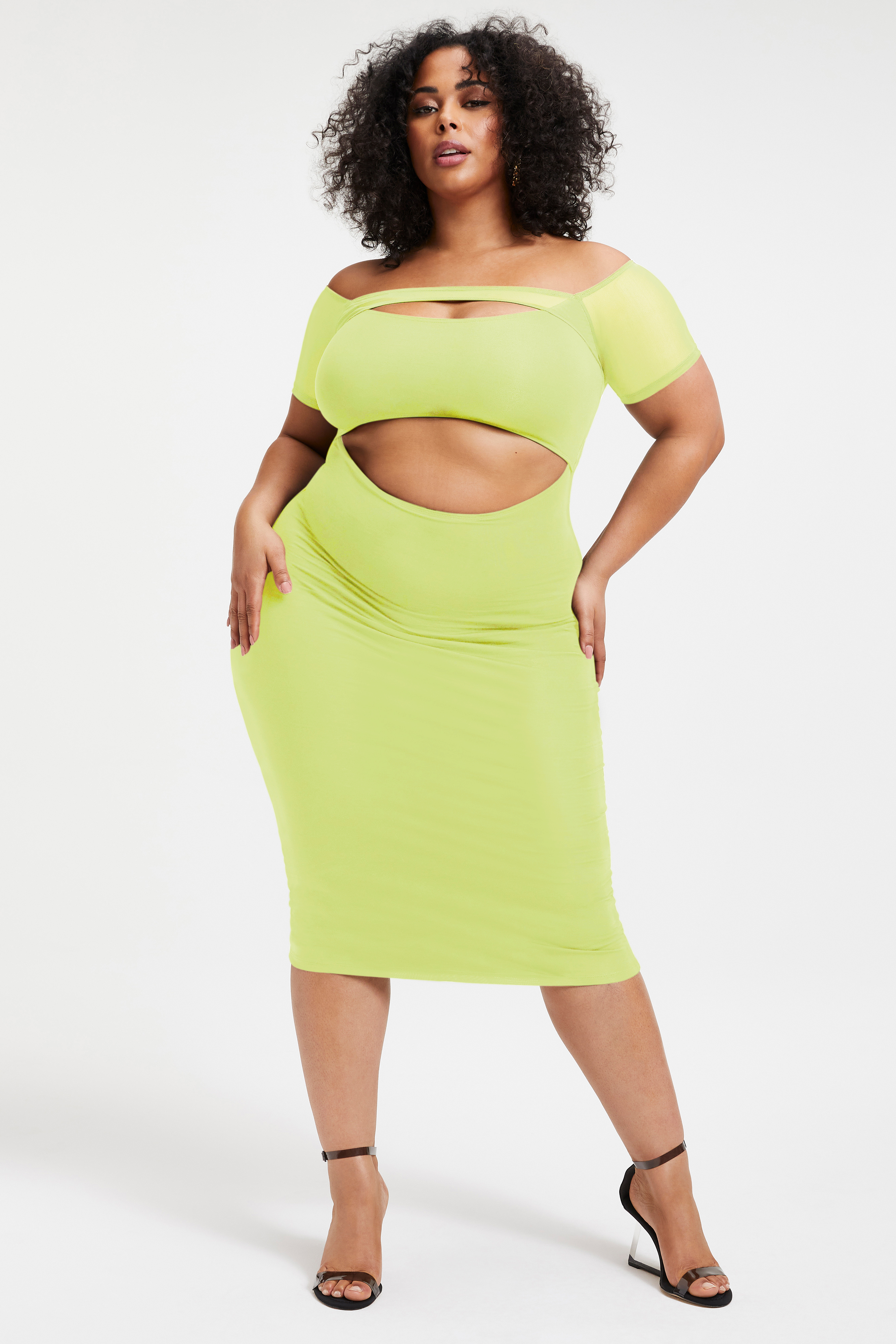OFF SHOULDER CUT DRESS in KEY LIME001 styled with our CINDER-F*CKING-RELLA SANDAL in NEOPRENE BLACK001, CINDER-F*CKING-RELLA JEWELED MULE in BLACK SATIN001,