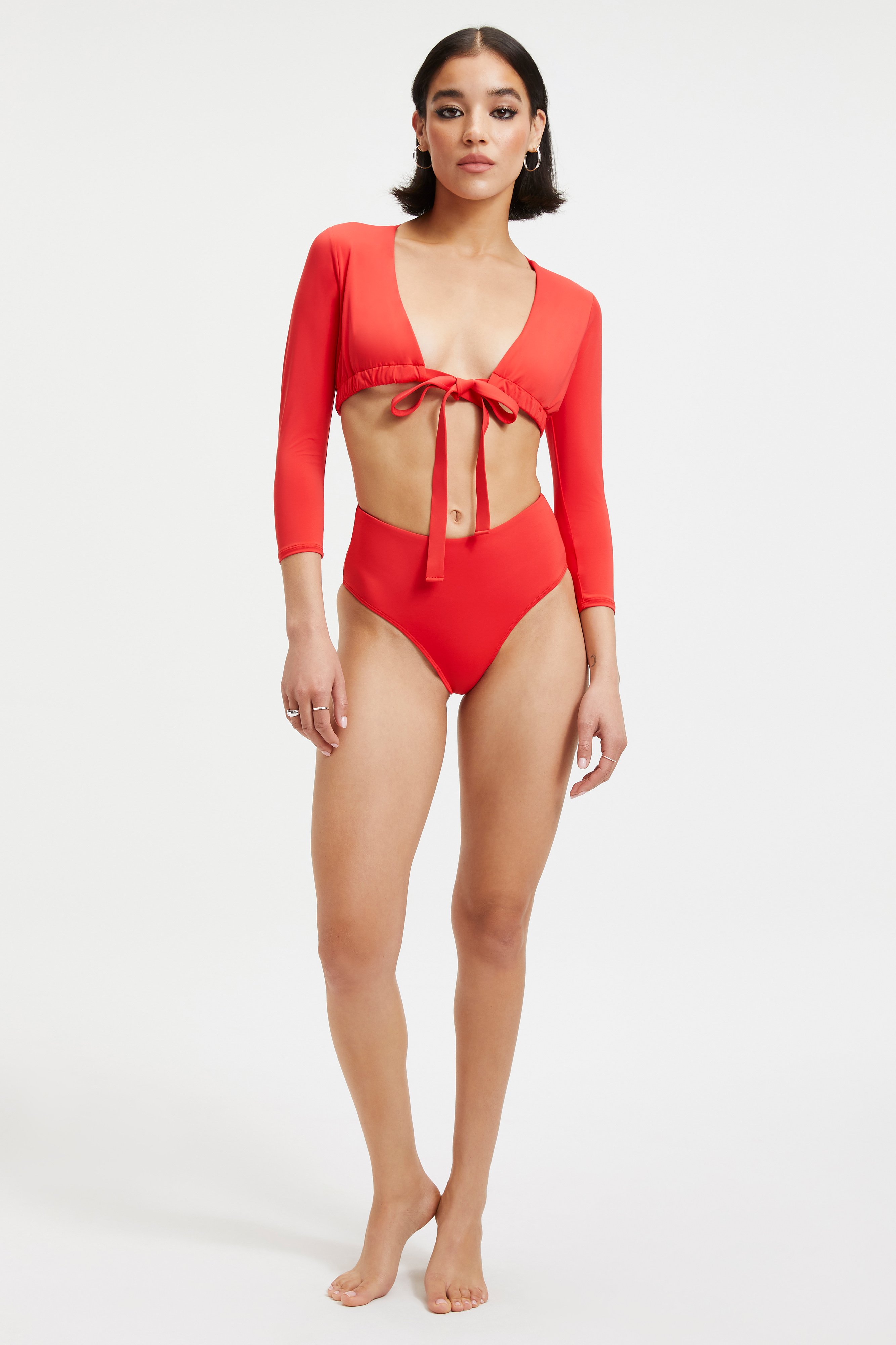 SEXY BOOST TOP in BRIGHT POPPY 002 styled with our SWIM BRIEF in BRIGHT POPPY 002, or HIP HUGGER BOTTOM in BRIGHT POPPY 002