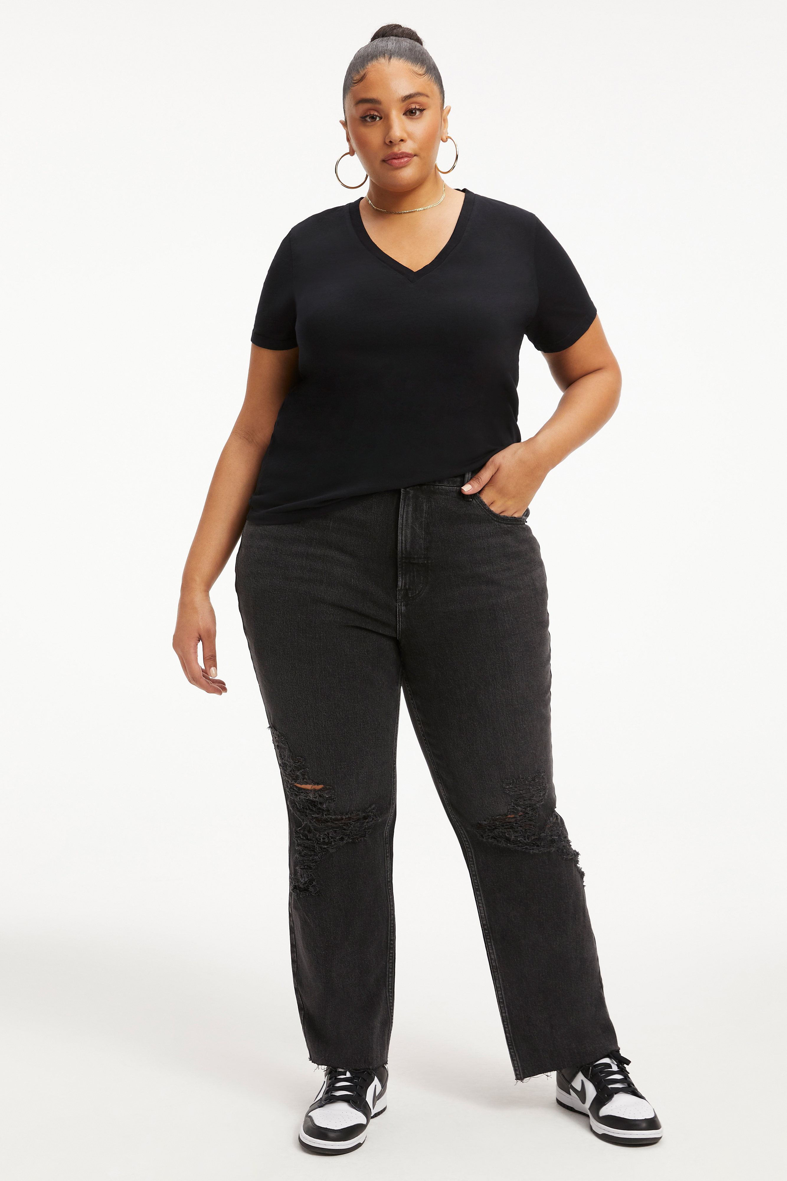 COTTON RELAXED V-NECK in BLACK001 styled with our GOOD STRAIGHT JEANS in BLACK184, GOOD STRAIGHT JEANS in INDIGO091, or GOOD '90S SHORT in BLUE645