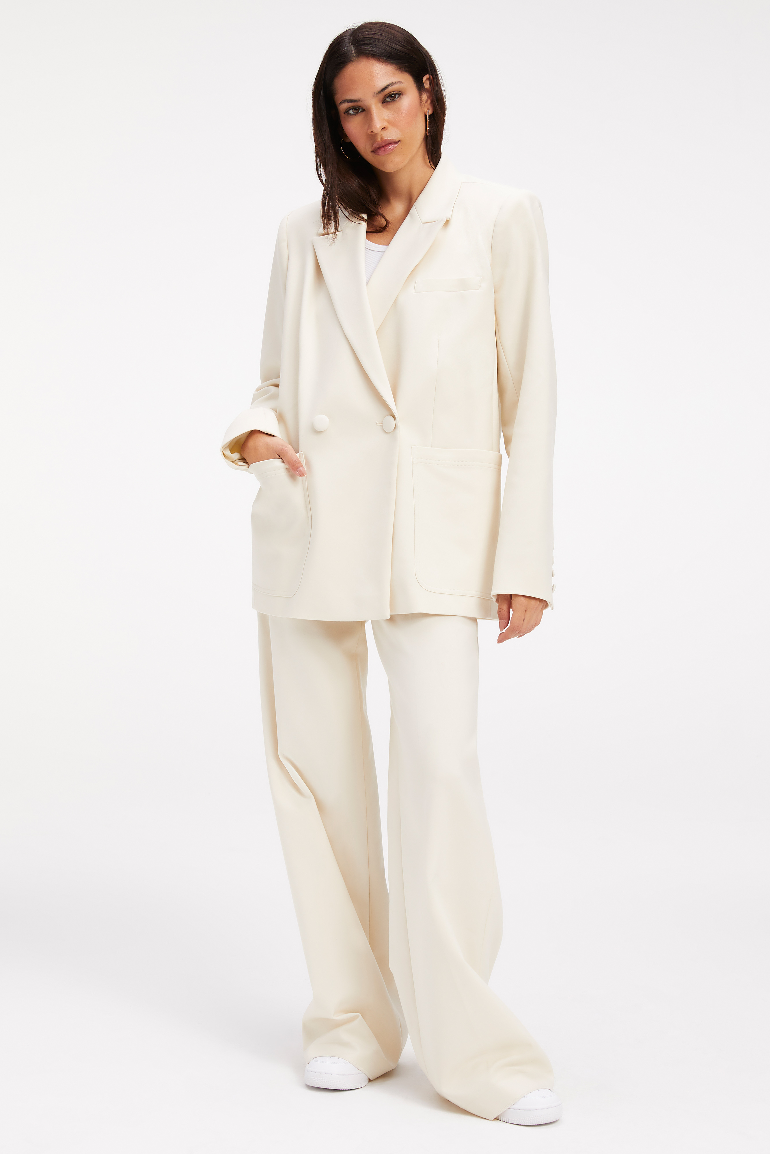 WOVEN BLAZER 2.0 in BONE001 styled with our WOVEN TROUSER 2.0 in BONE001