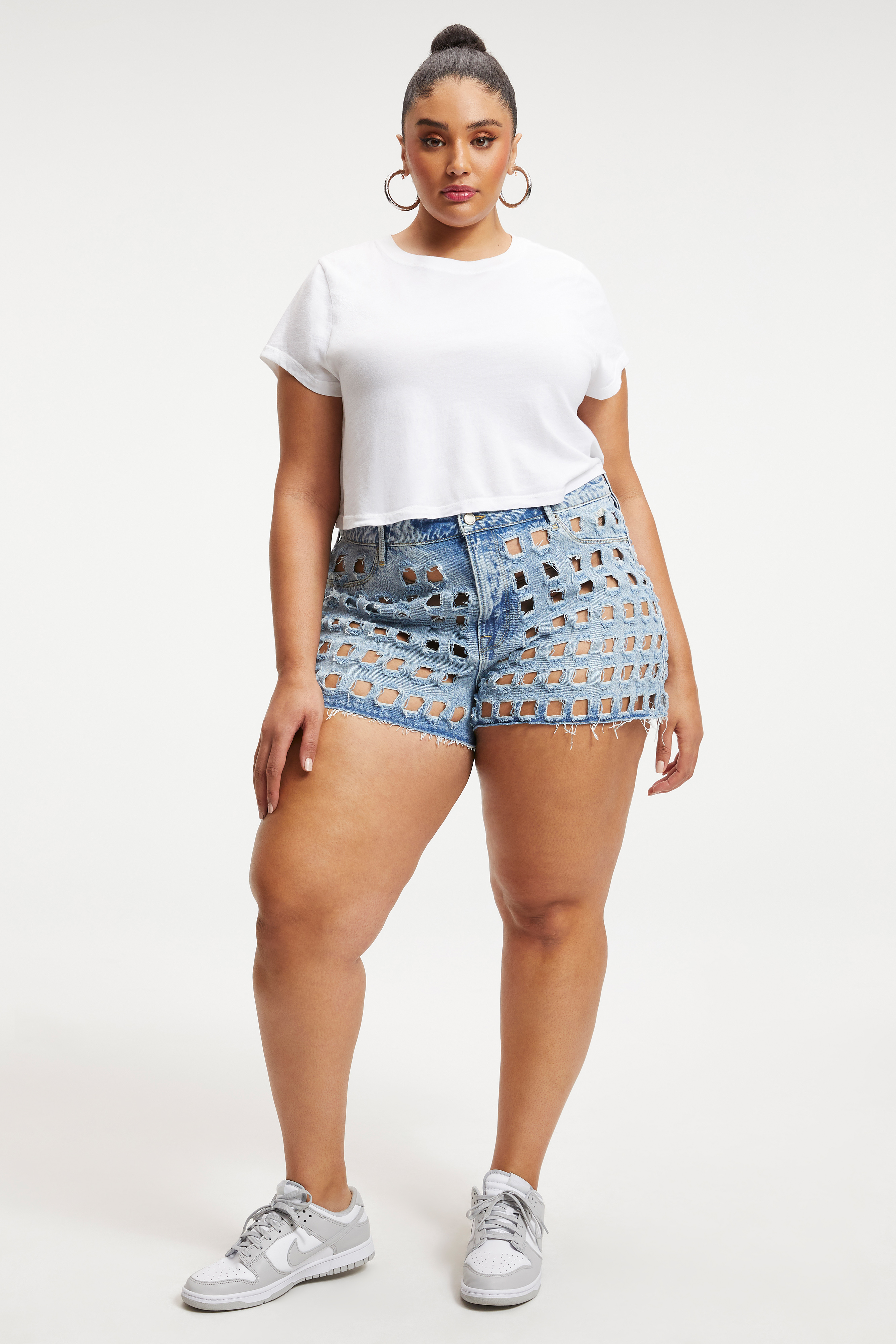 GOOD '90s LASER SHORT in INDIGO174 styled with our THE CROP BOY TEE in WHITE001, SO SOFT SCULPTED TEE in KEY LIME001, or SO SOFT SLEEVELESS BODYSUIT in KEY LIME001