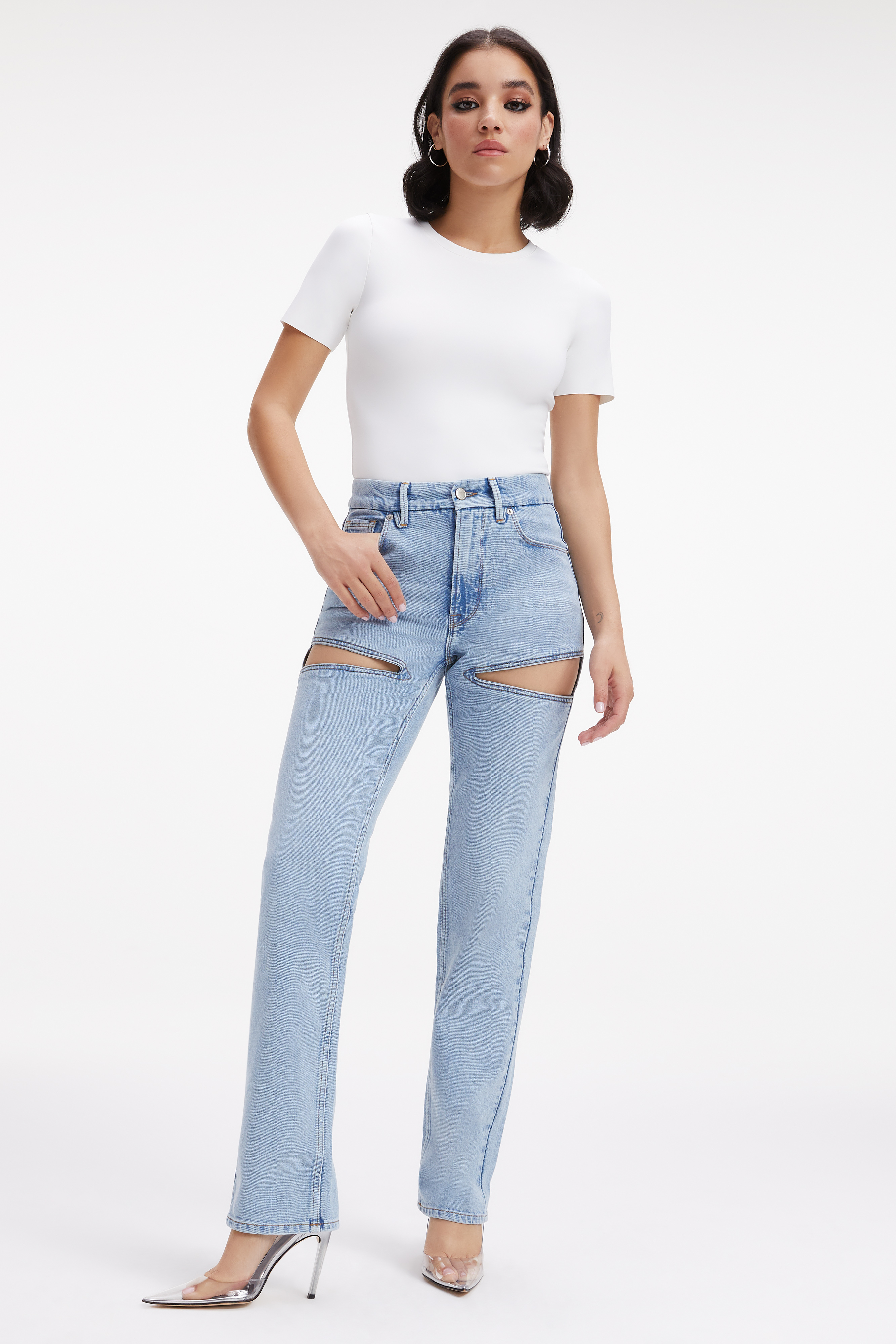 GOOD ICON CUTOUT JEANS in BLUE813 styled with our COTTON CROPPED TEE in WHITE001, ASYMMETRICAL OPEN BACK TEE in WHITE001,