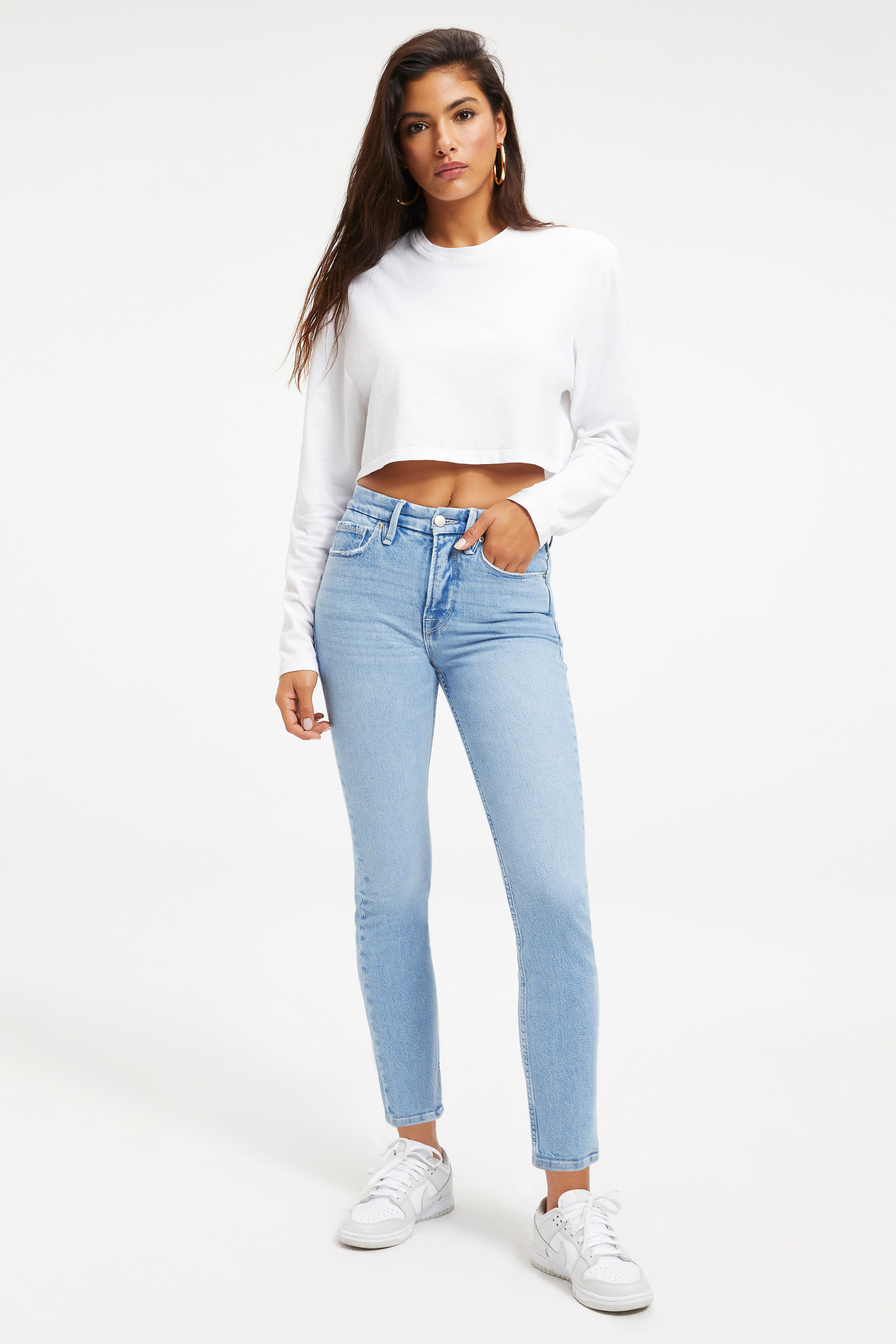 GOOD STRAIGHT in INDIGO126 styled with our COTTON CROPPED LONG SLEEVE TEE in WHITE001, or COTTON CROPPED TEE in WHITE001