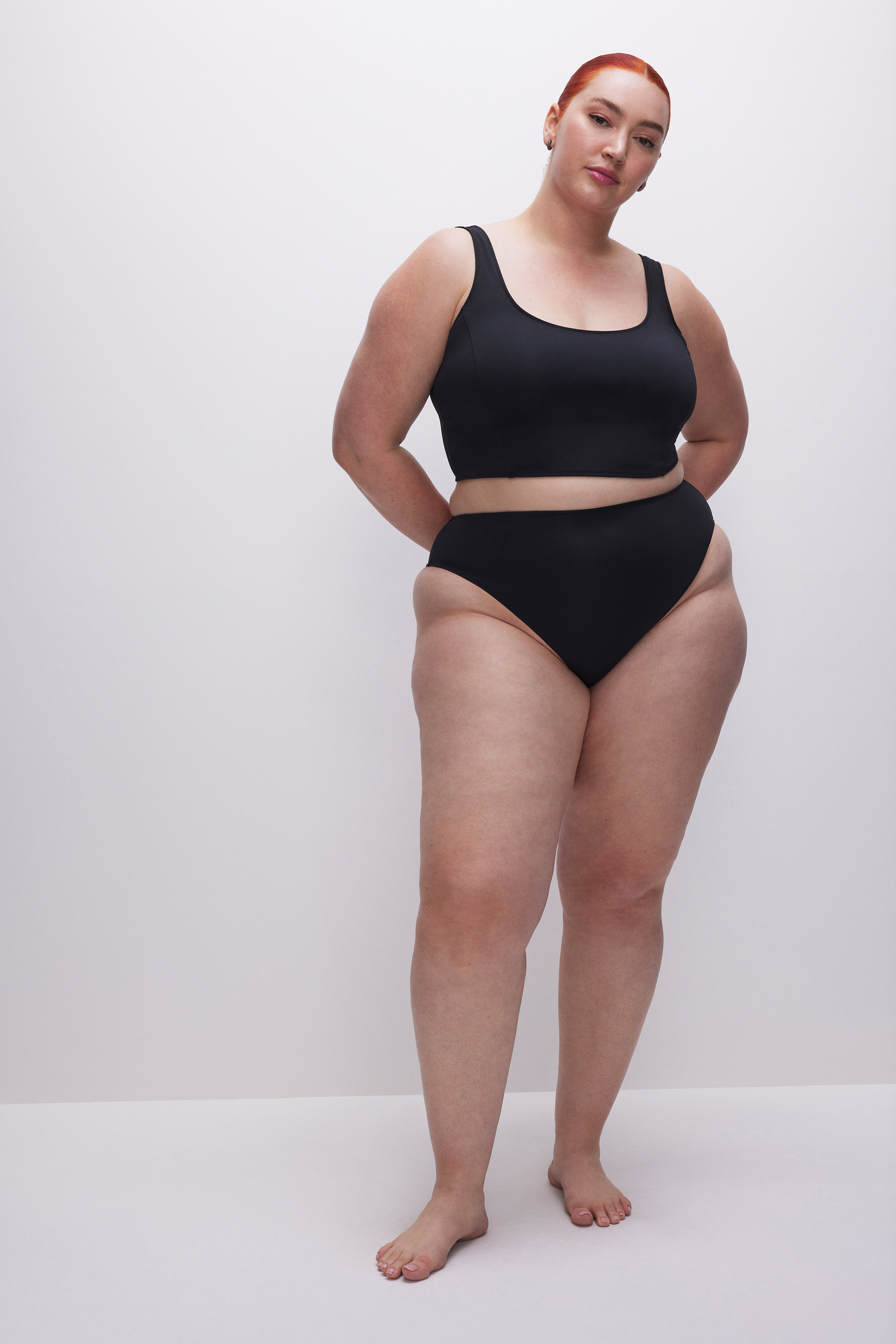 COMPRESSION CHEEKY SWIM BOTTOM in BLACK001 styled with our GOOD COMPRESSION SWIM TANK in BLACK001, COMPRESSION SWIM BRIEF in BLACK001,
