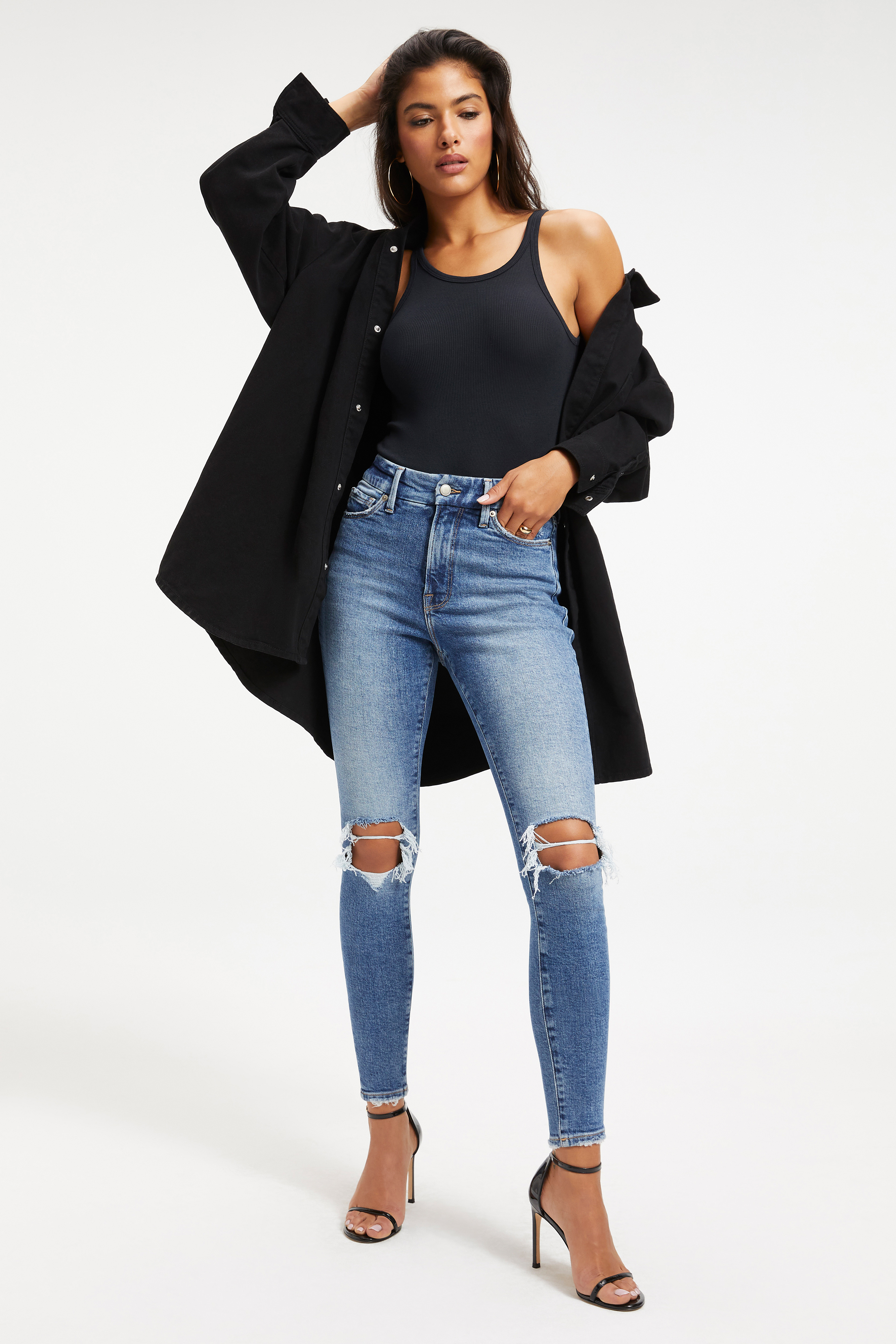 GOOD WAIST in INDIGO144 styled with our RACERBACK TANK BODYSUIT in BLACK001, COTTON CROPPED TEE in BLACK001, or FITTED RIBBED TANK in BLACK001