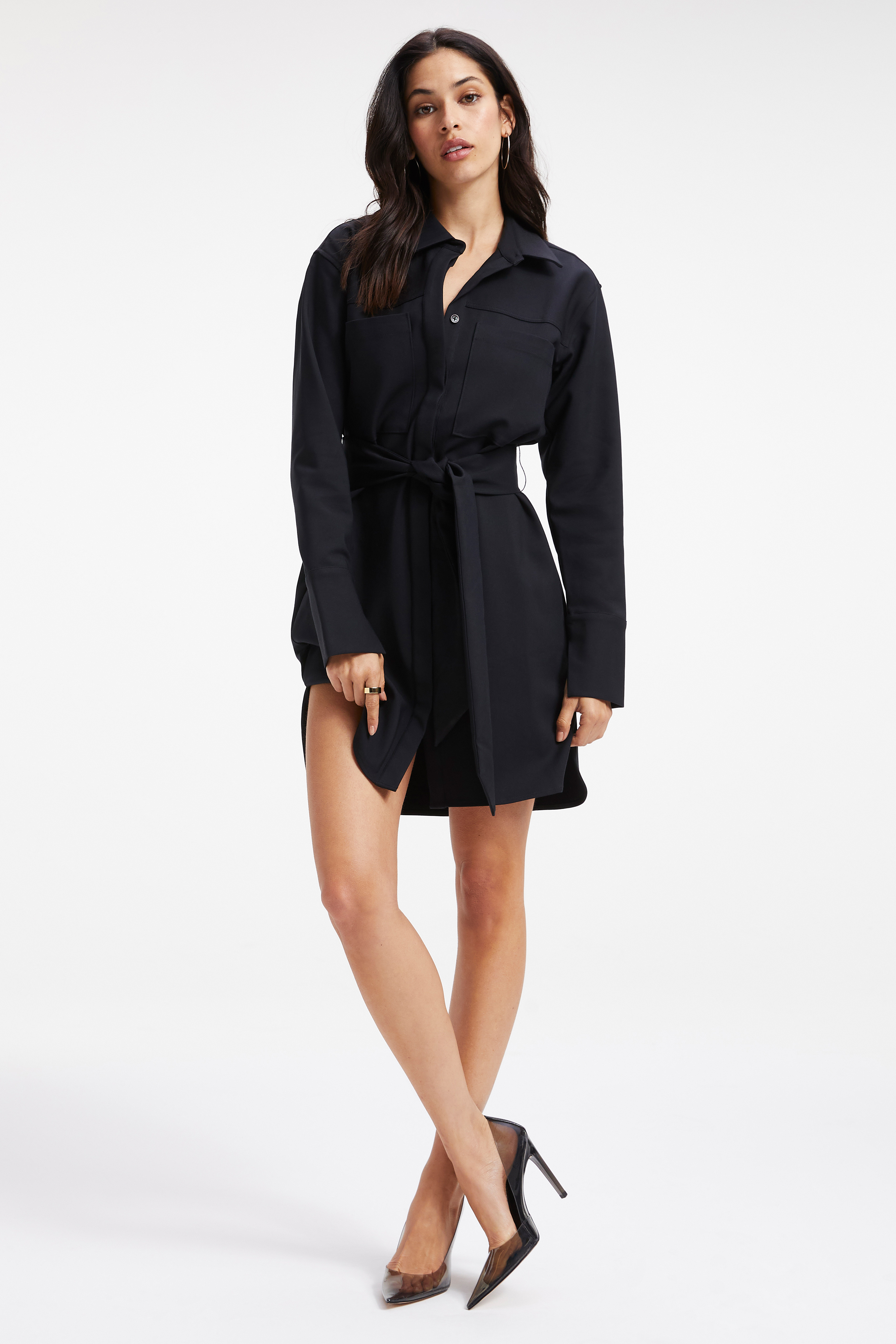 POPLIN SHIRT DRESS in BLACK001 styled with our CINDER-F*CKING-RELLA JEWELED MULE in BLACK SATIN001, or CINDER-F*CKING-RELLA SANDAL in NEOPRENE BLACK001