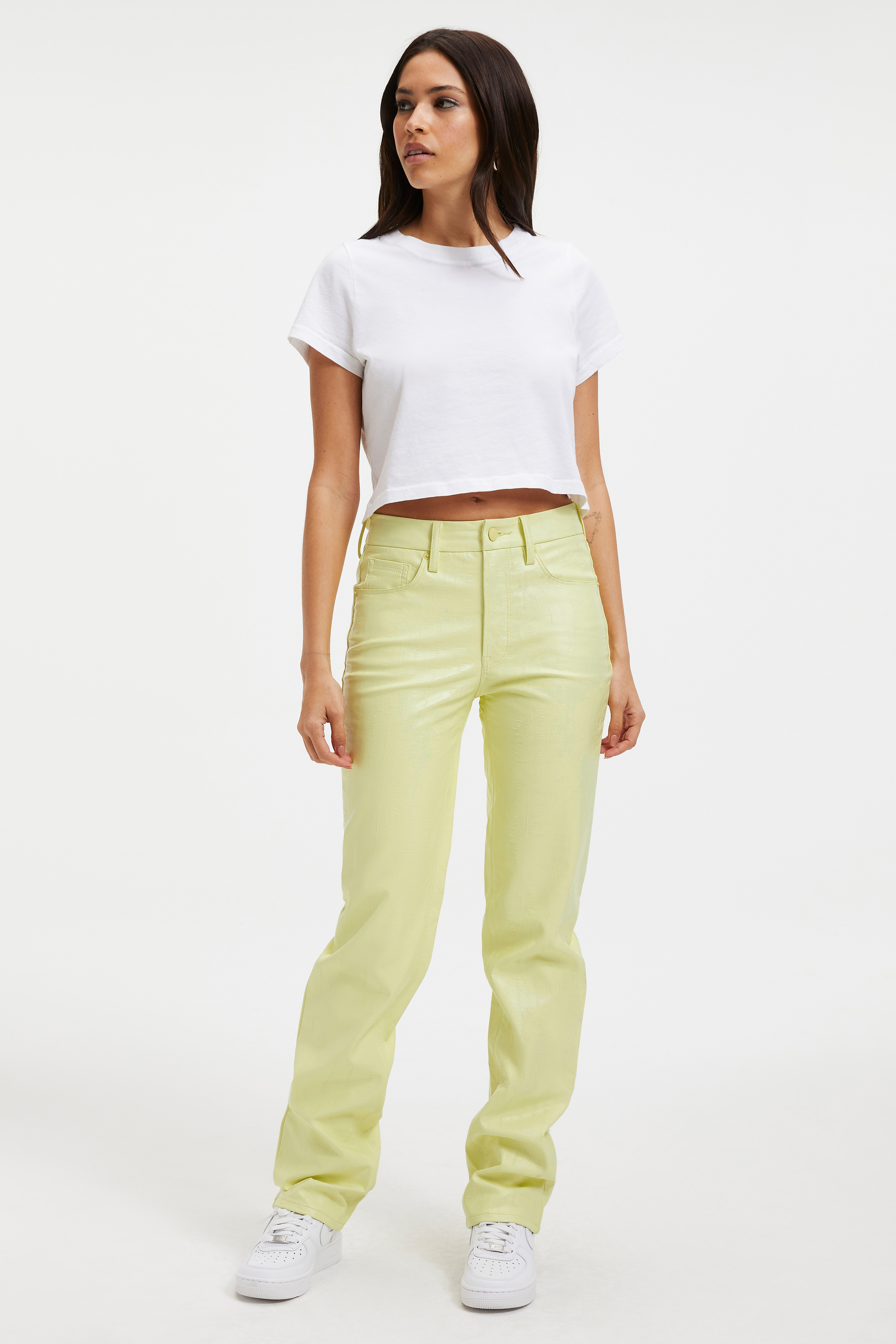 GOOD '90s FAUX LEATHER PANTS in KEY LIME001 styled with our COTTON CROPPED TEE in WHITE001, FITTED RIBBED TANK in WHITE001, or COTTON CROPPED LONG SLEEVE TEE in WHITE001