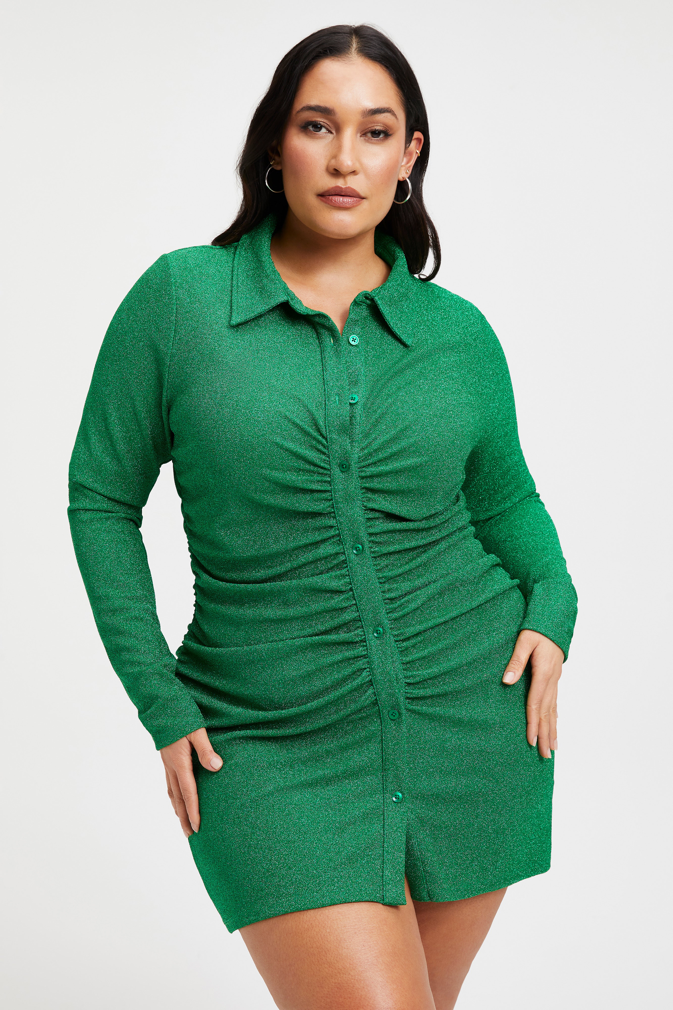 SPARKLE RUCHED MINI DRESS in SUMMER GREEN002 styled with our CINDER-F*CKING-RELLA MULE in GLASS002, or CINDER-F*CKING-RELLA JEWELED MULE in BLACK SATIN001