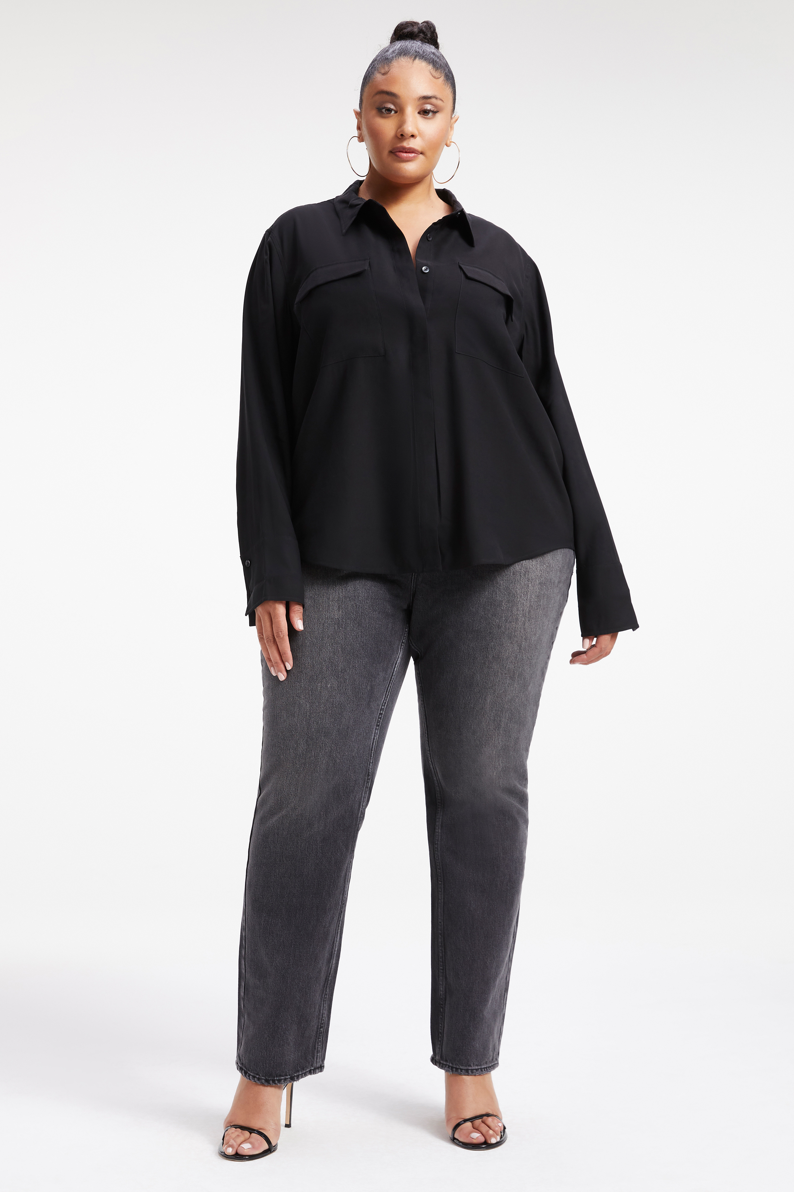 FLAP POCKET SHIRT in BLACK001 styled with our GOOD STRAIGHT JEANS in BLACK184,