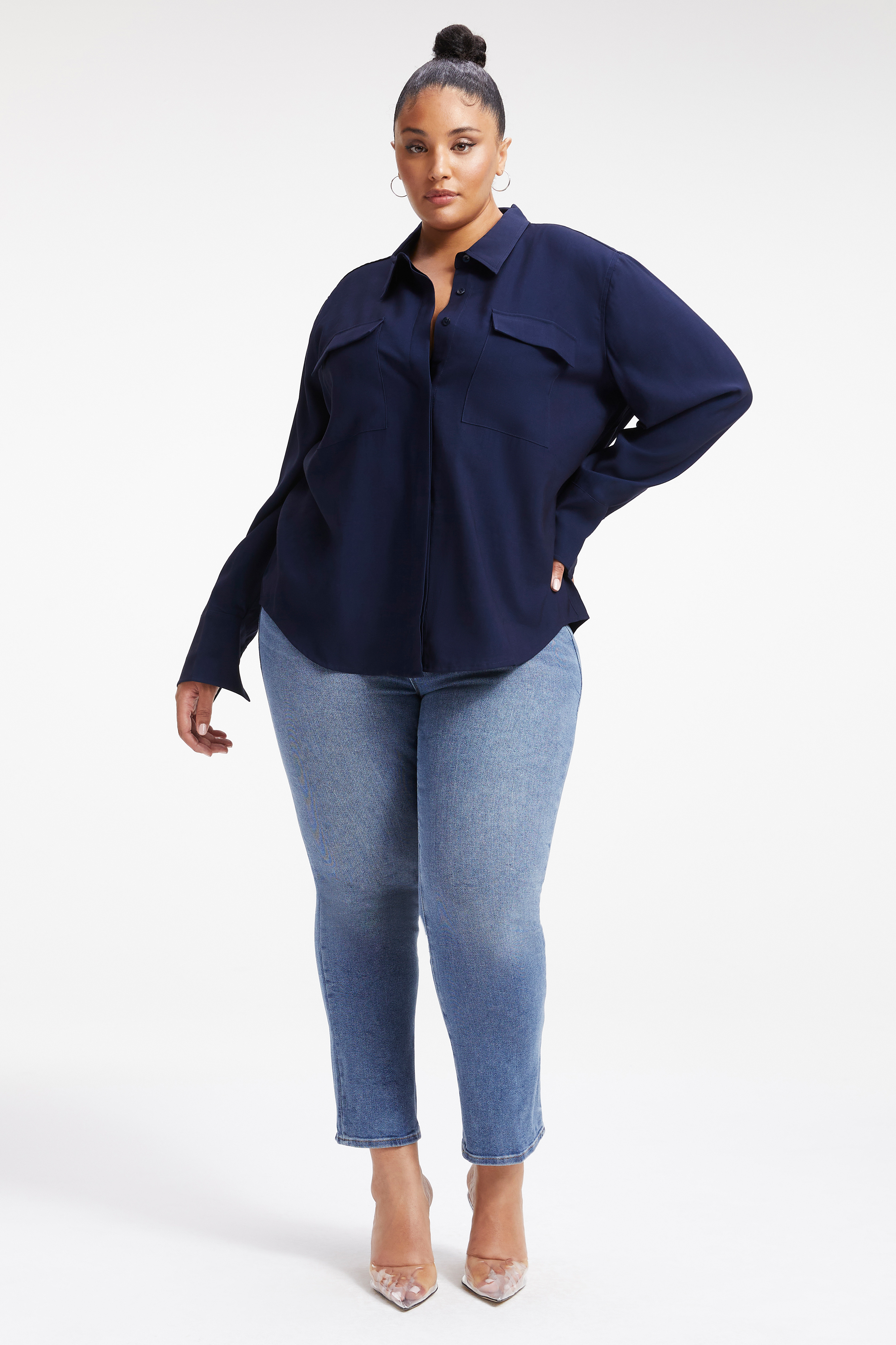 FLAP POCKET SHIRT in NAVY001 styled with our GOOD WAIST CROP in BLUE633, GOOD ICON CROP in INDIGO157, or GOOD STRAIGHT in BLUE524