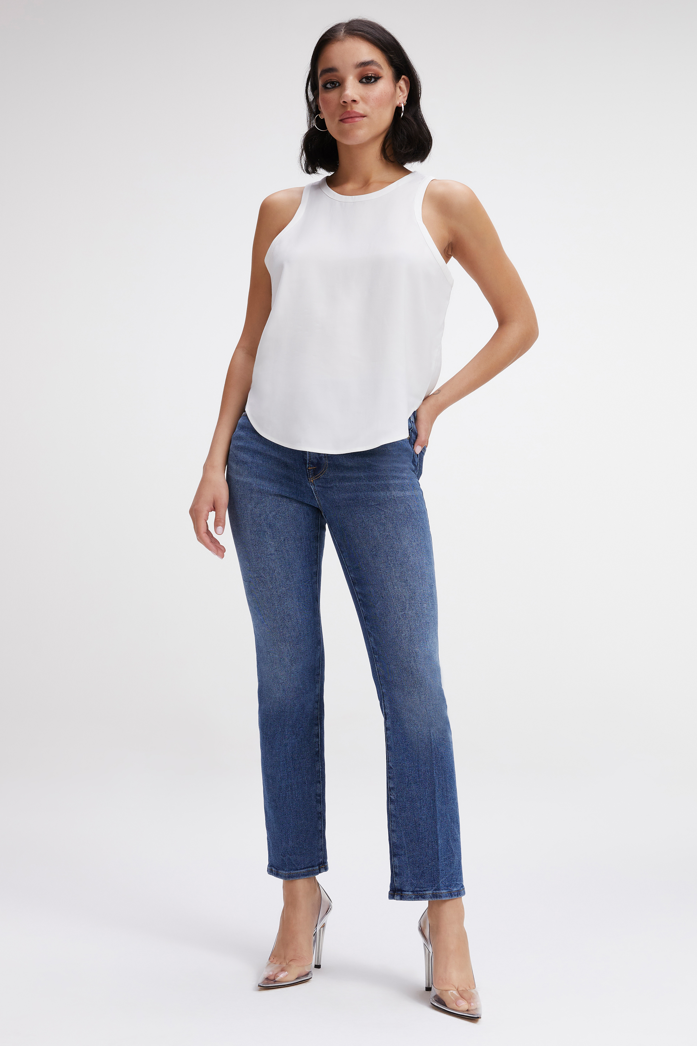 WOVEN CUT IN TANK in IVORY001 styled with our ALWAYS FITS GOOD CLASSIC JEANS in BLUE822, GOOD STRAIGHT SPLIT POCKETS in INDIGO032, or GOOD CURVE STRAIGHT JEANS in BLUE858
