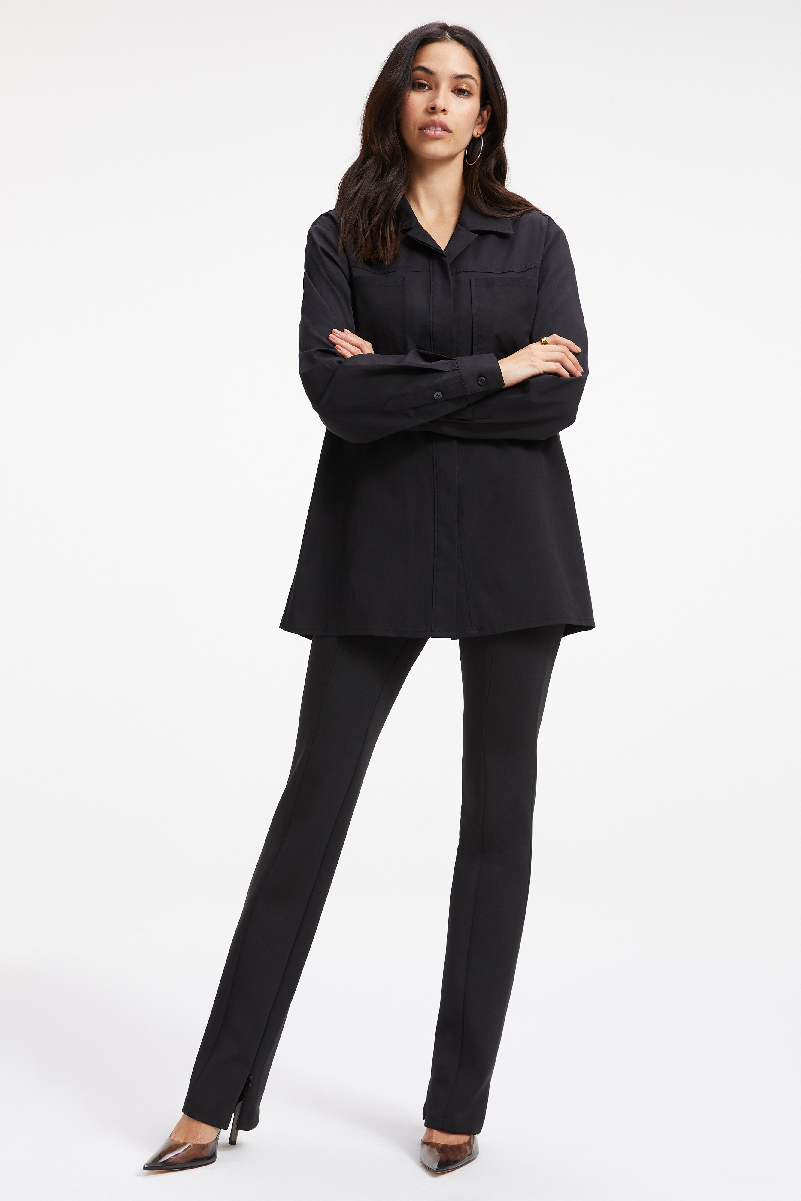 SLIT BACK POPLIN SHIRT in BLACK001 styled with our SCUBA RELAXED STRAIGHT PANT in BLACK001, or SCUBA DRAWSTRING SHORTS in BLACK001