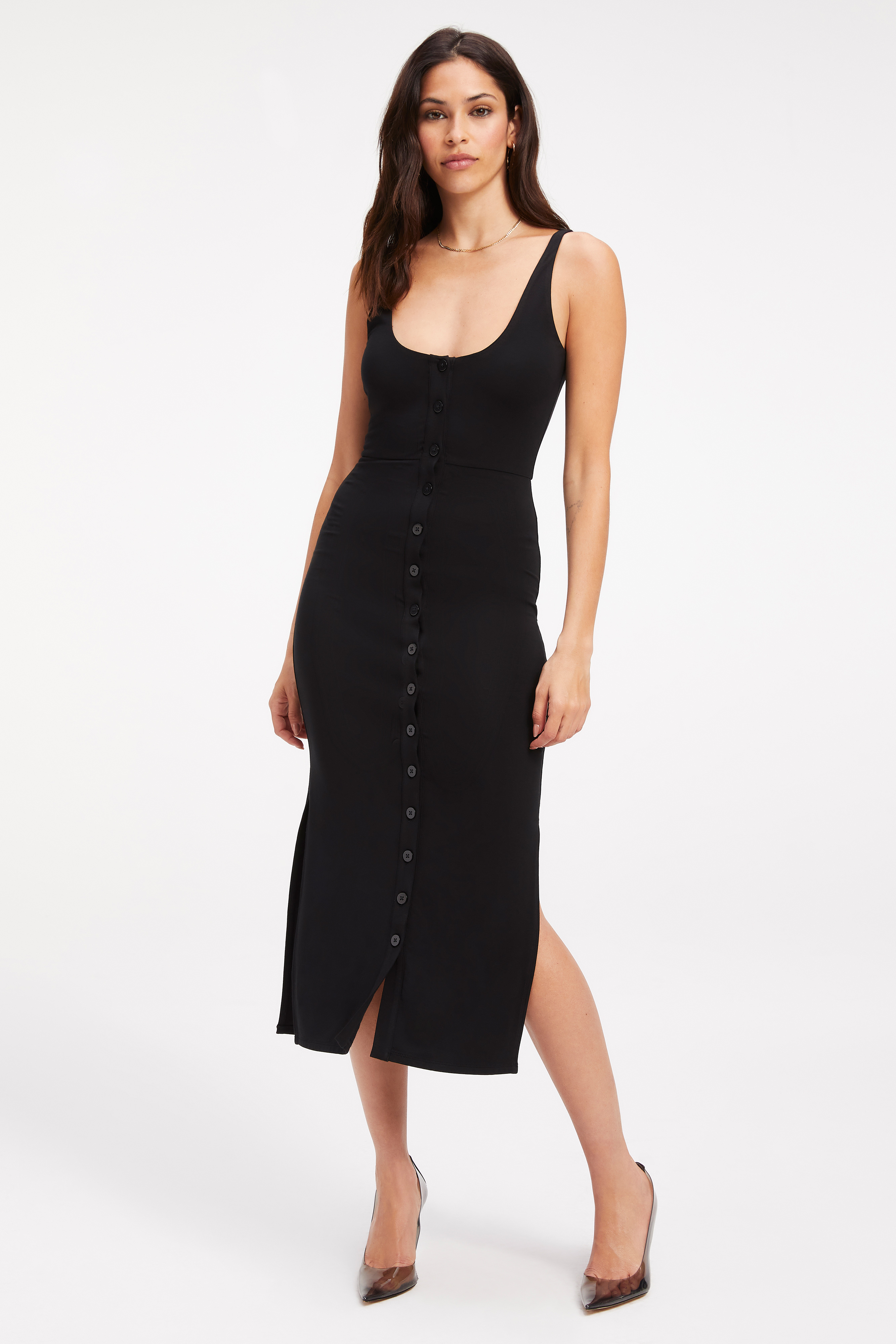 GOOD TOUCH BUTTON FRONT MIDI in BLACK001 styled with our CINDER-F*CKING-RELLA JEWELED MULE in BLACK SATIN001, or CINDER-F*CKING-RELLA MULE in GLASS002