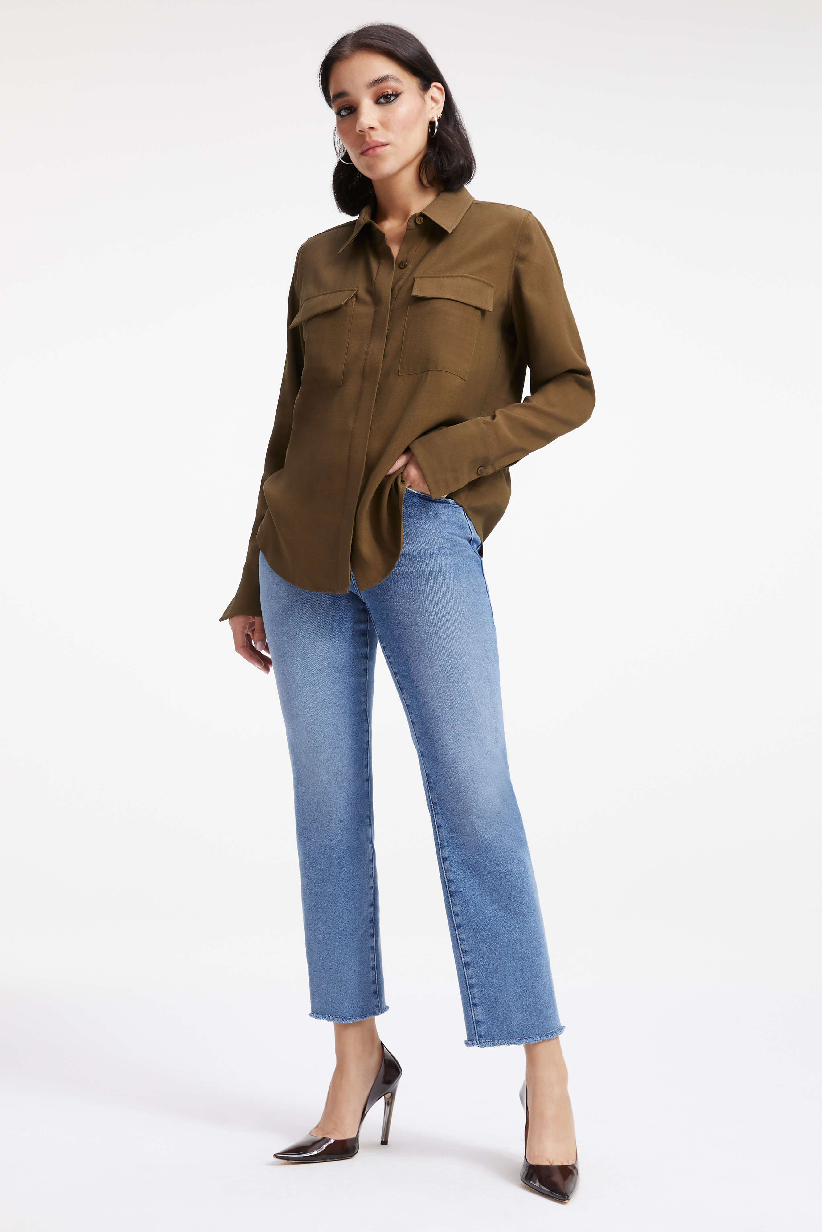 FLAP POCKET SHIRT in FOG001 styled with our GOOD GIRLFRIEND PETITE in BLUE448, or ALWAYS FITS GOOD LEGS in DEEP BLUE006