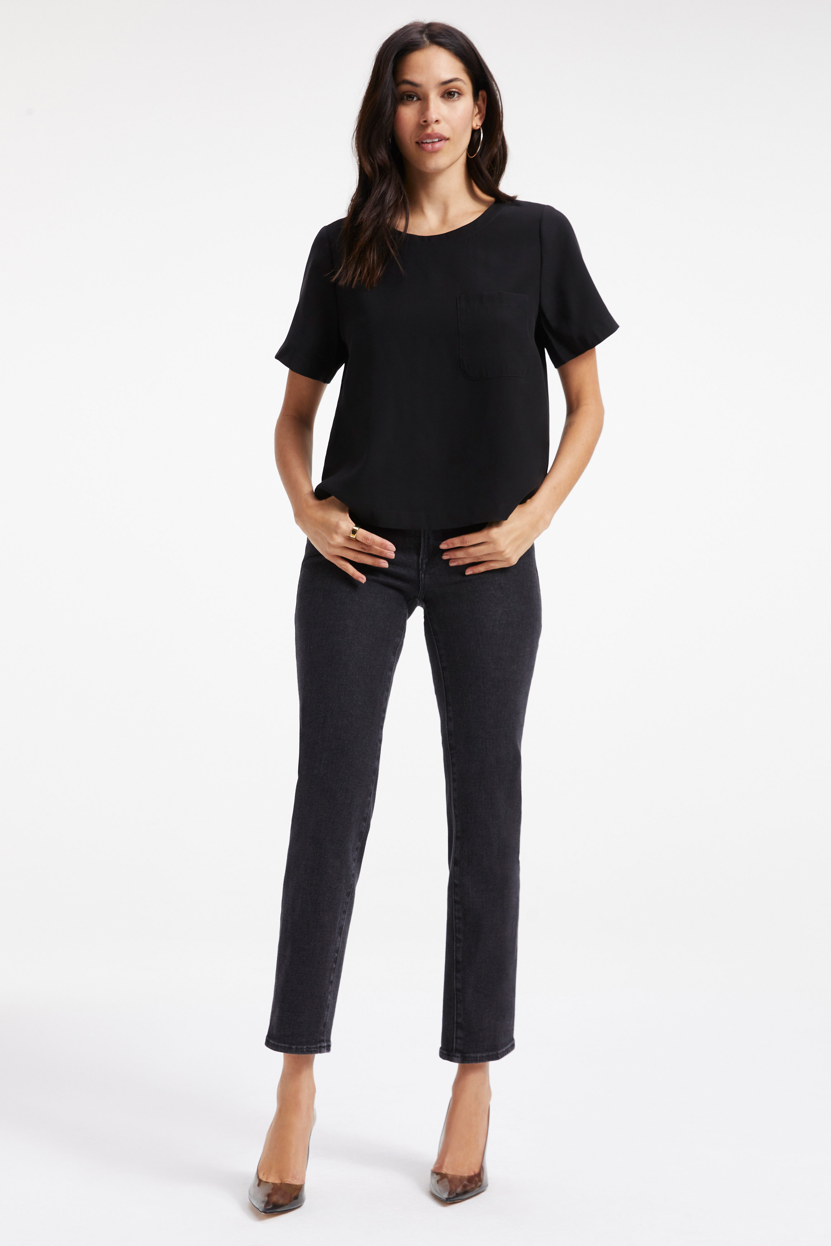 WOVEN POCKET TEE in BLACK001 styled with our ALWAYS FITS GOOD CLASSIC BOOT JEANS in DEEP BLUE004, or GOOD LEGS JEANS in BLUE224
