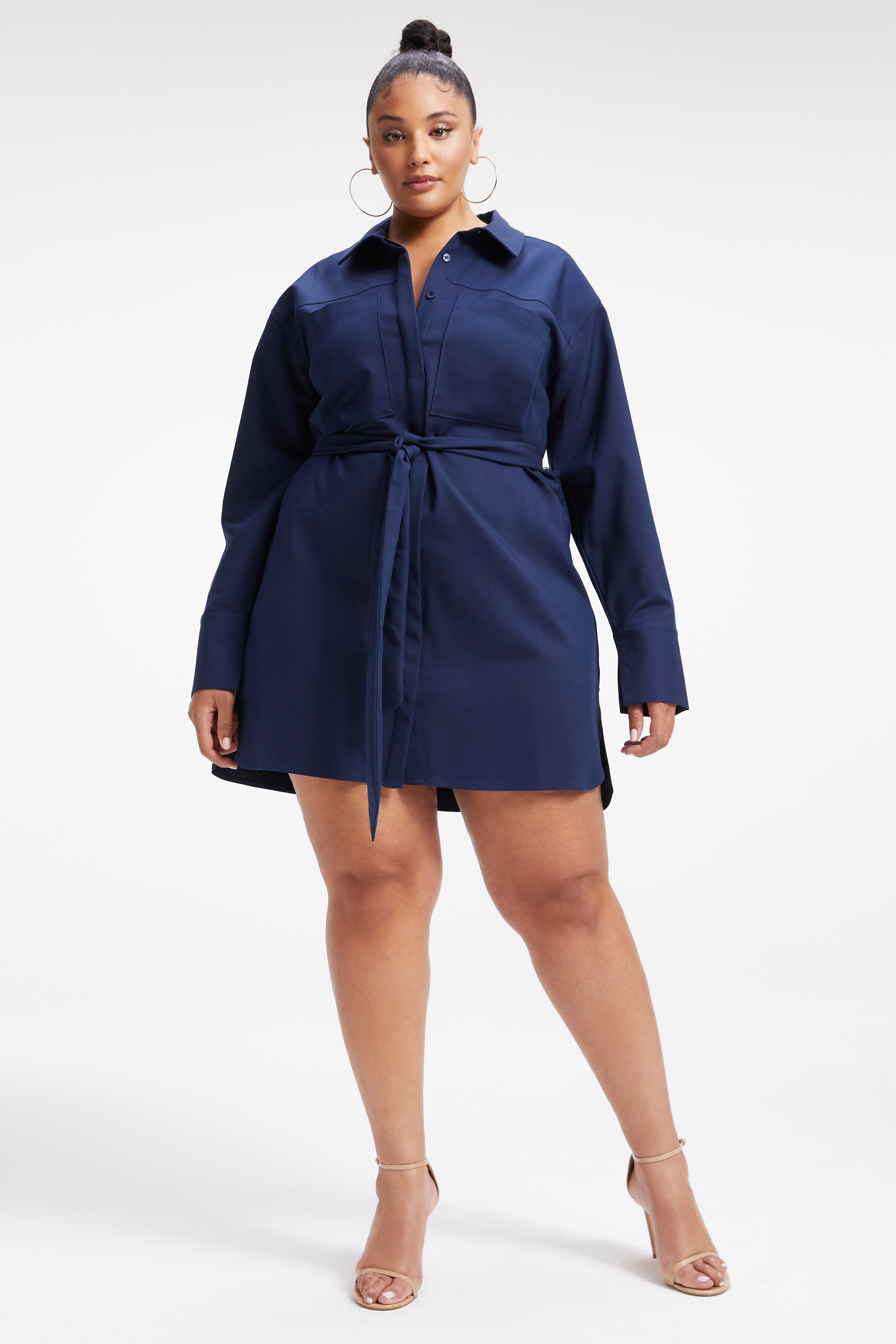 POPLIN SHIRT DRESS in NAVY001 styled with our CINDER-F*CKING-RELLA MULE in GLASS002, CINDER-F*CKING-RELLA SANDAL in SILVER001, or CINDER-F*CKING-RELLA MULE in GLASS002