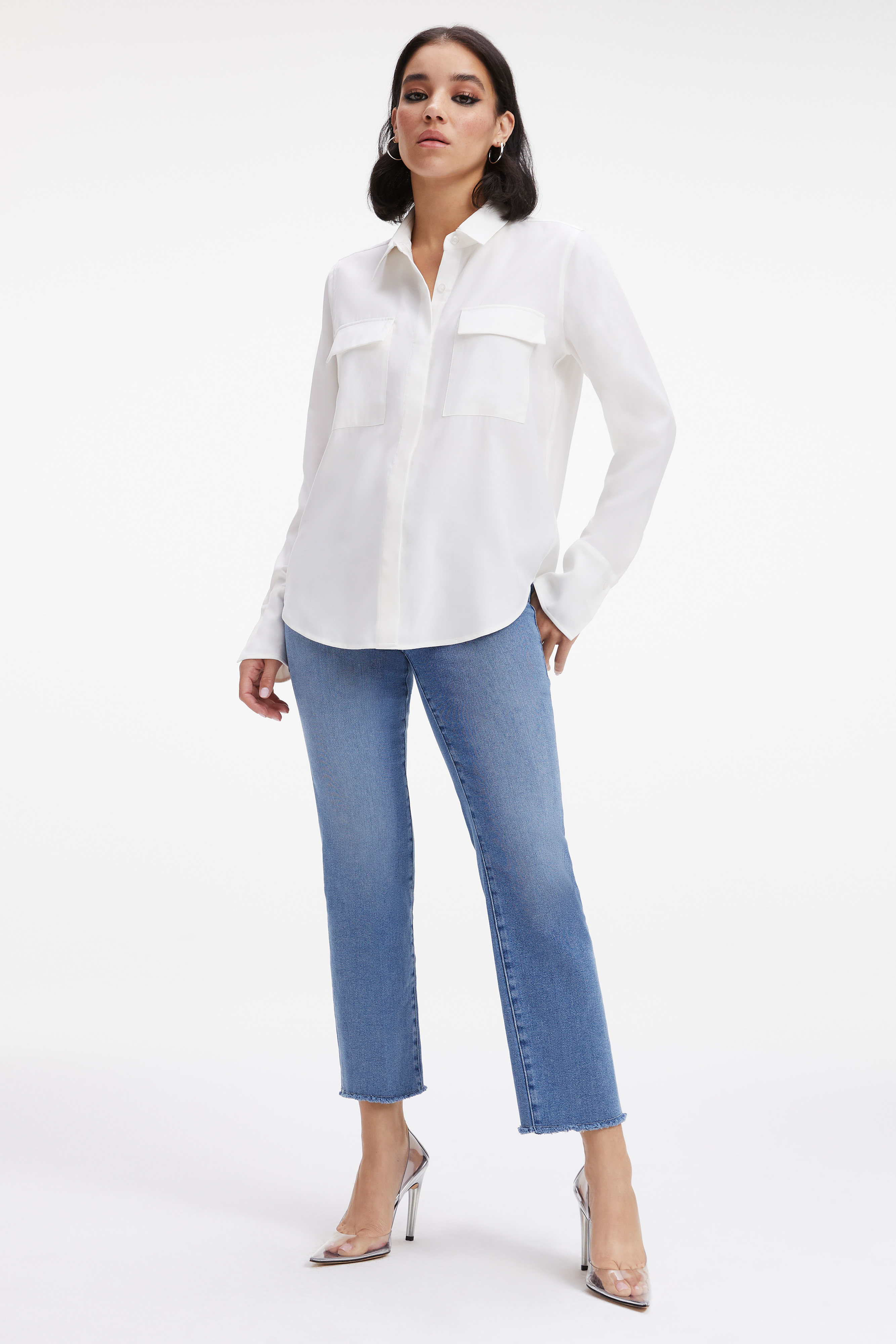 FLAP POCKET SHIRT in IVORY001 styled with our GOOD GIRLFRIEND PETITE in BLUE448, or GOOD ICON CROPPED JEANS in WHITE041