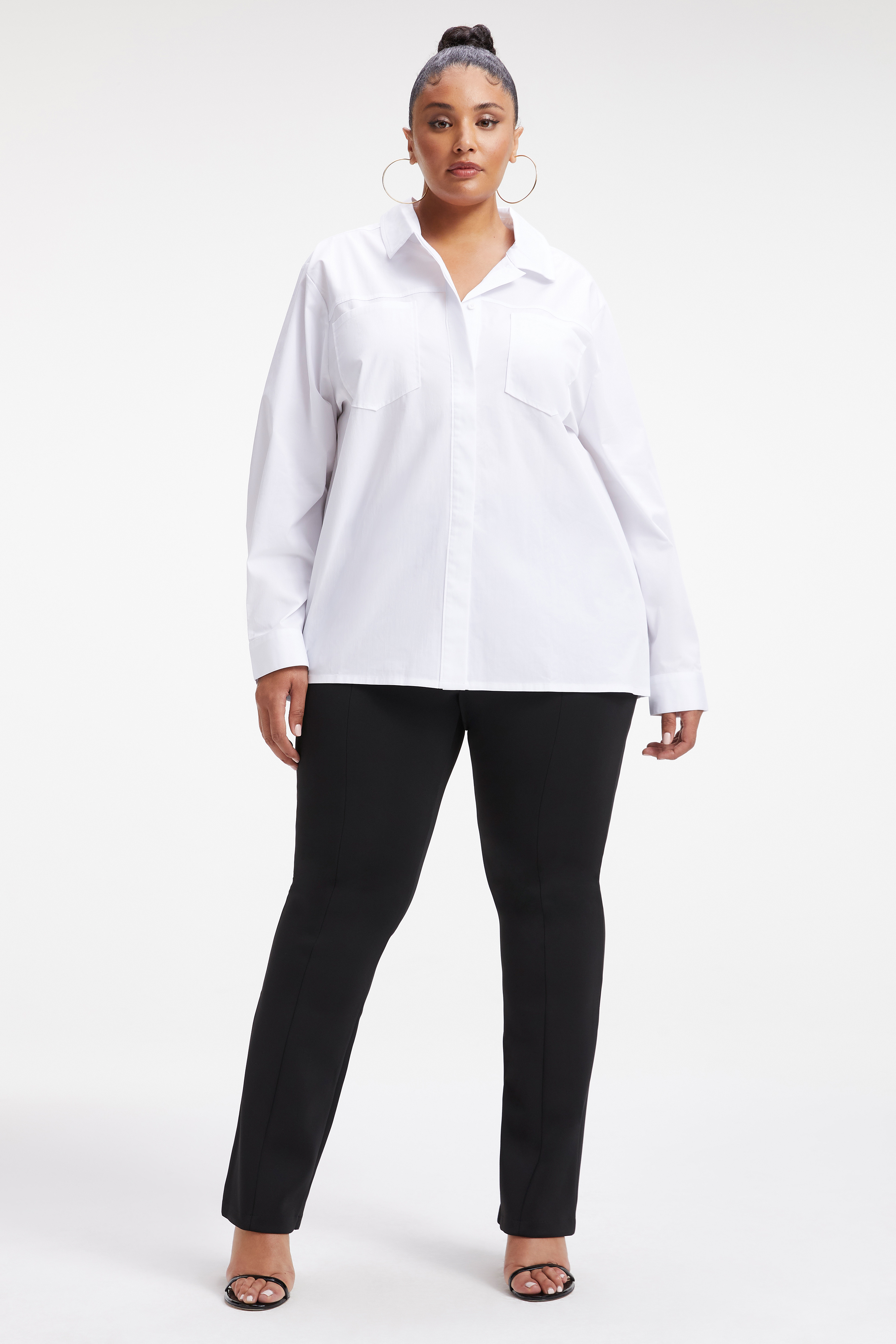 SLIT BACK POPLIN SHIRT in WHITE001 styled with our SCUBA RELAXED STRAIGHT PANT in BLACK001, or SCUBA DRAWSTRING SHORTS in BLACK001