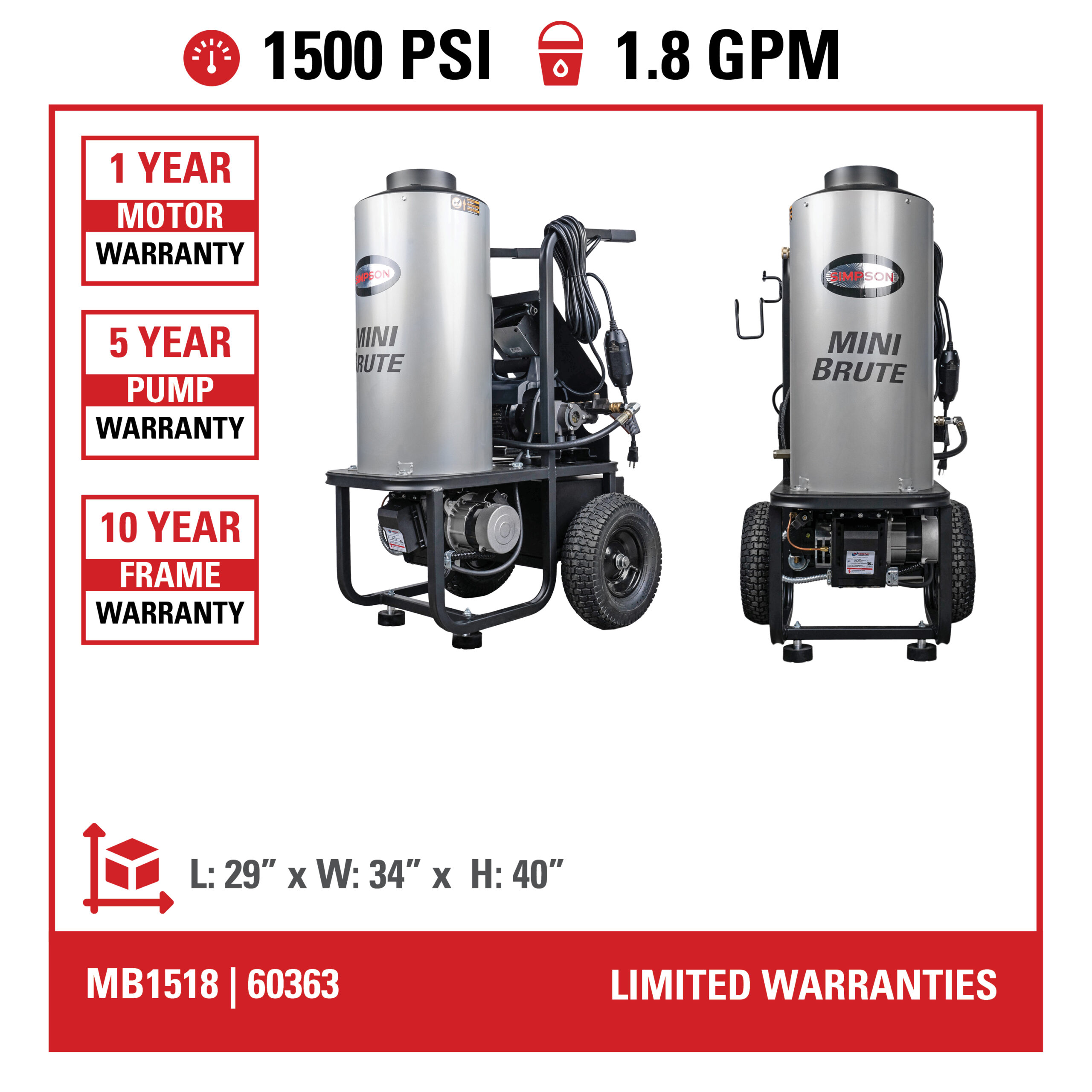 1500 PSI @ 1.8 GPM Direct Drive Electric Pressure Washer w/ AAA Pump (Mini Brute)