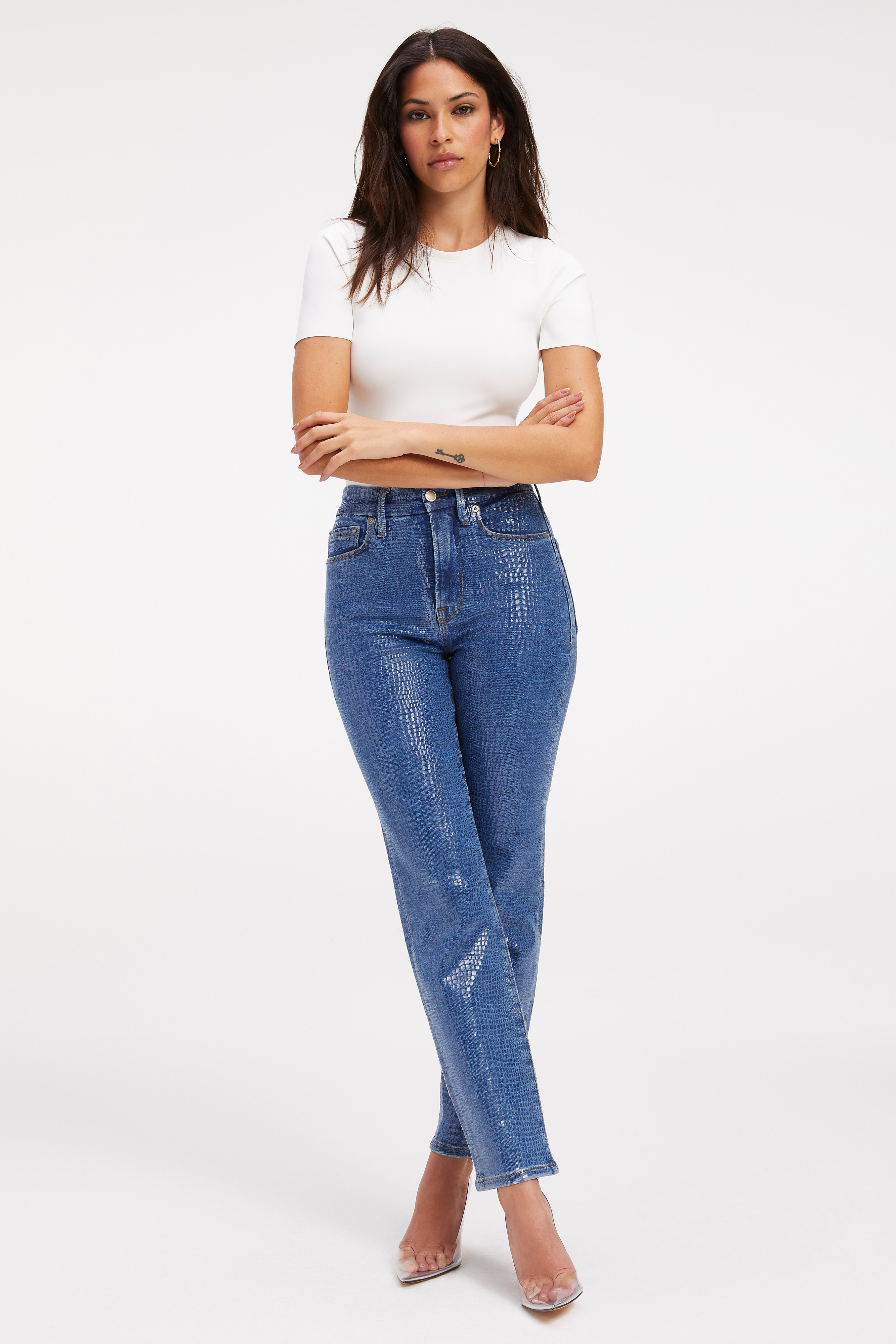 GOOD CLASSIC in INDIGO SNAKE002 styled with our or RACERBACK TANK BODYSUIT in WHITE001