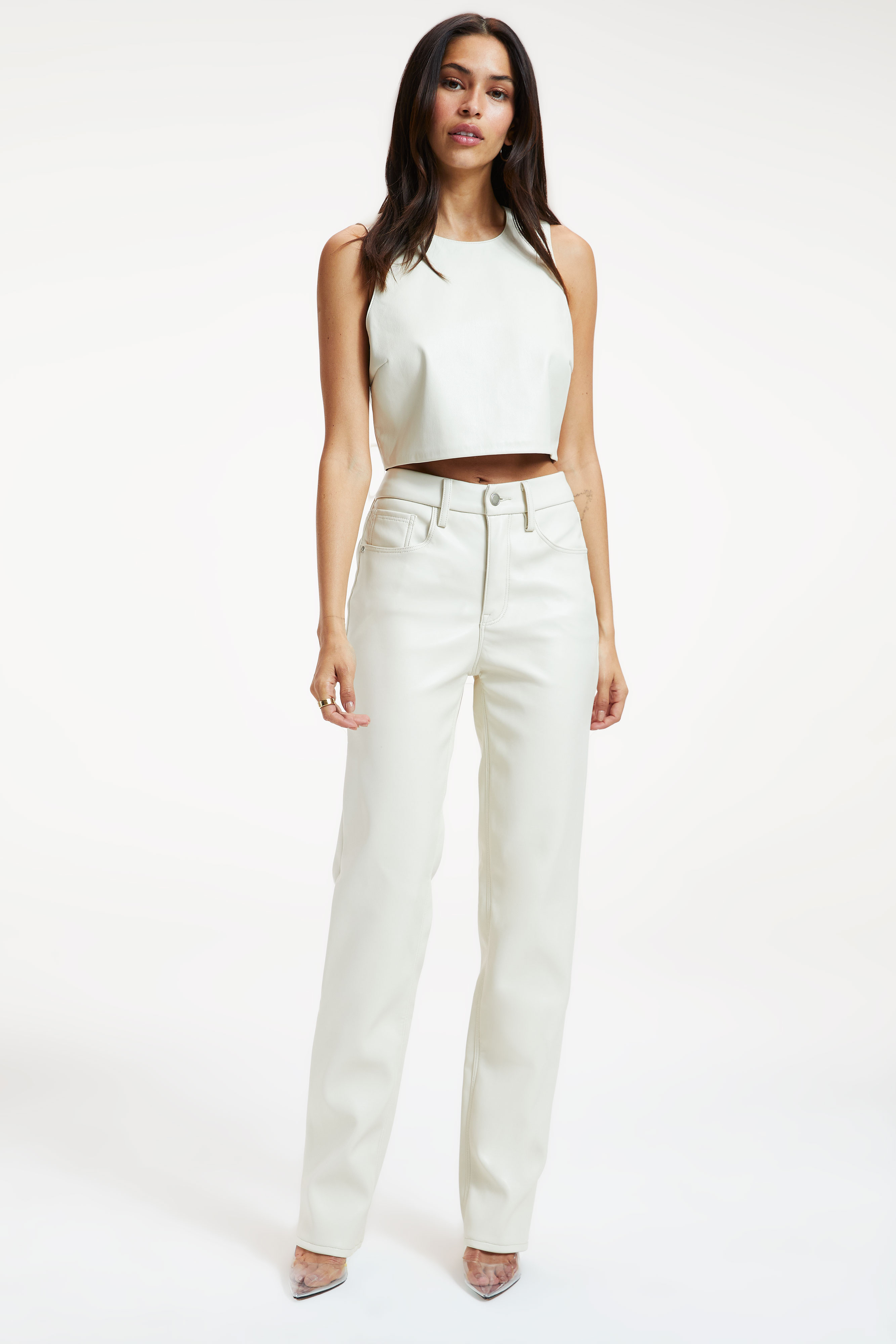 FAUX LEATHER CROP TOP in BONE001 styled with our GOOD ICON FAUX LEATHER PANTS in BONE001
