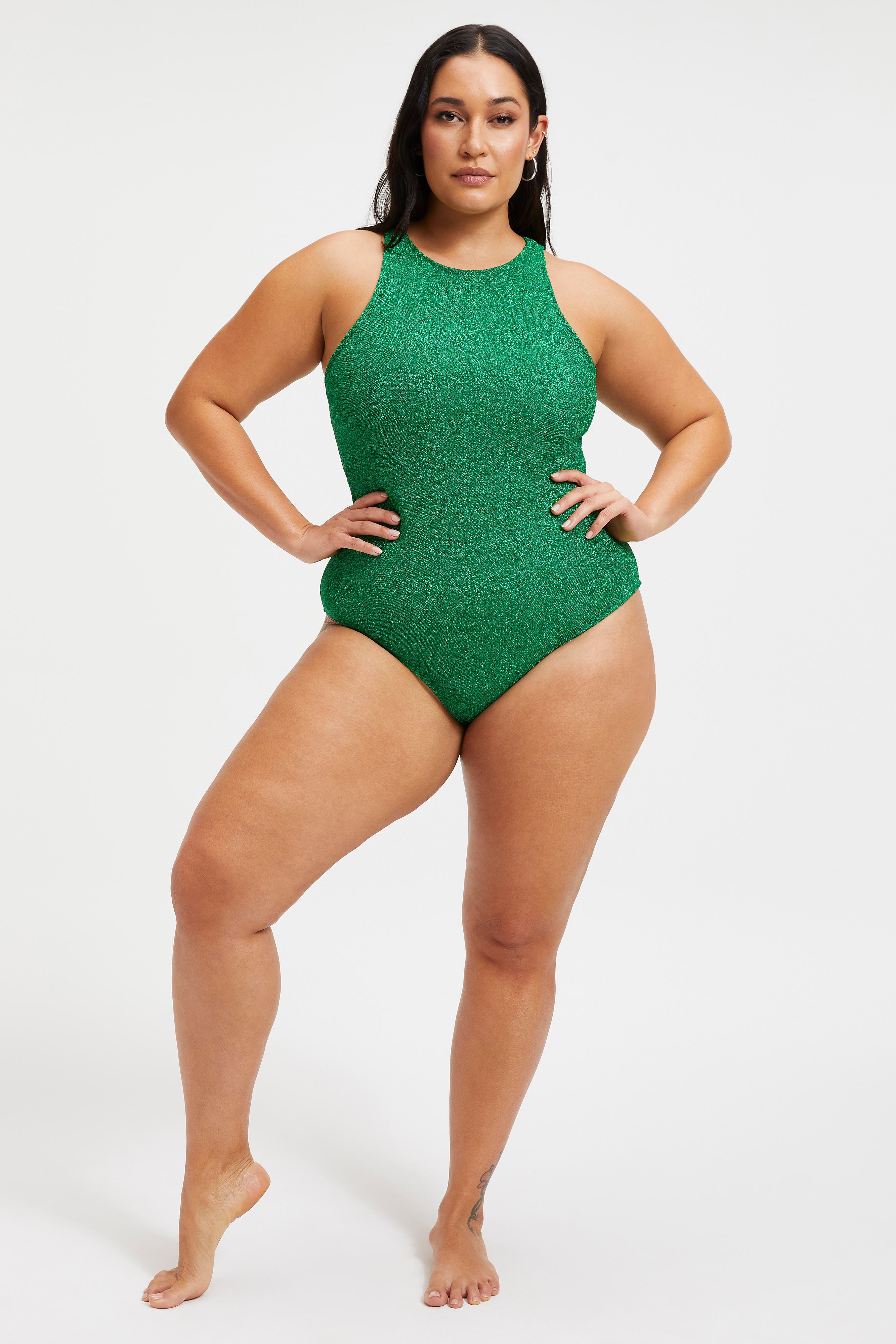 SPARKLE RACER NECK ONE-PIECE in SUMMER GREEN002 styled with our SPARKLE TIE SARONG in SUMMER GREEN002