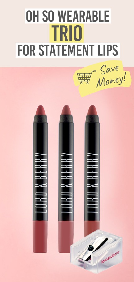 Lord & Berry Lipstick Crayon Trio Sharpener - Beauty and the Boutique - Oh-so wearable trio for statement lips