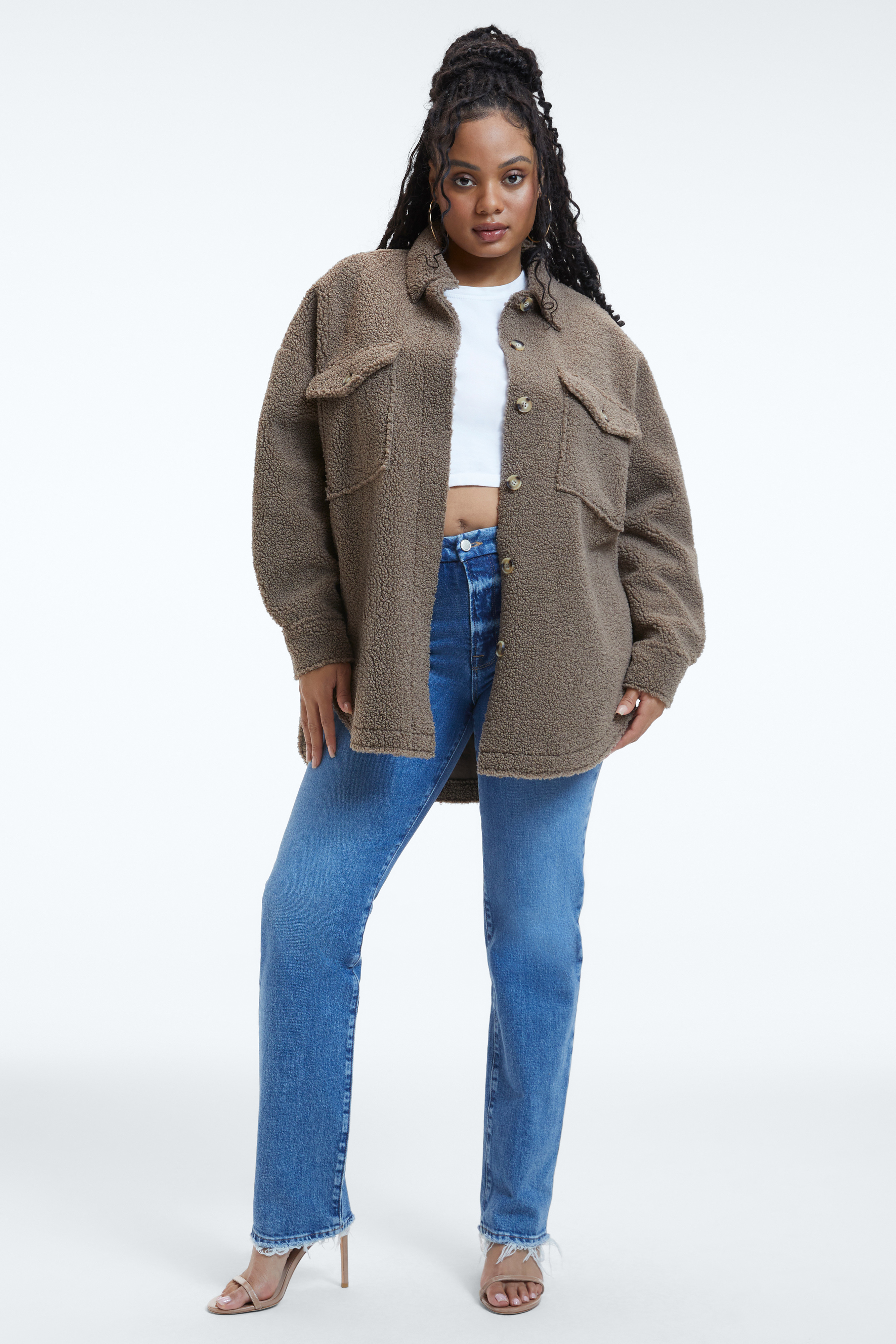 SHERPA SHACKET in PUTTY001 styled with our GOOD ICON JEANS in INDIGO261, GOOD LEGS CROPPED MINI BOOT JEANS in BLUE811, or GOOD LEGS FLARE JEANS in BLACK287
