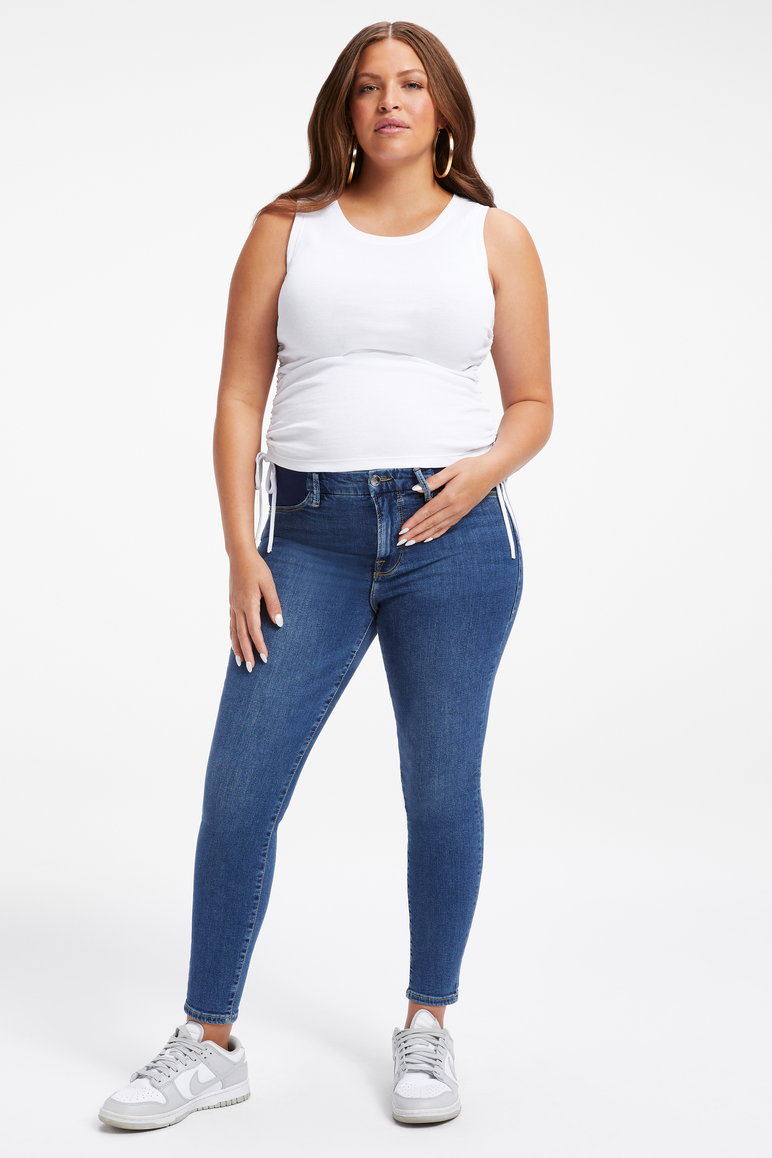 MATERNITY RUCHED TANK in WHITE001 styled with our MATERNITY GOOD LEGS CROPPED JEANS in BLUE615, or MATERNITY GOOD LEGS CROPPED JEANS in BLUE615