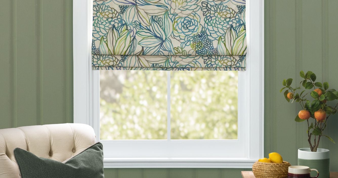 blue floral blinds in white window