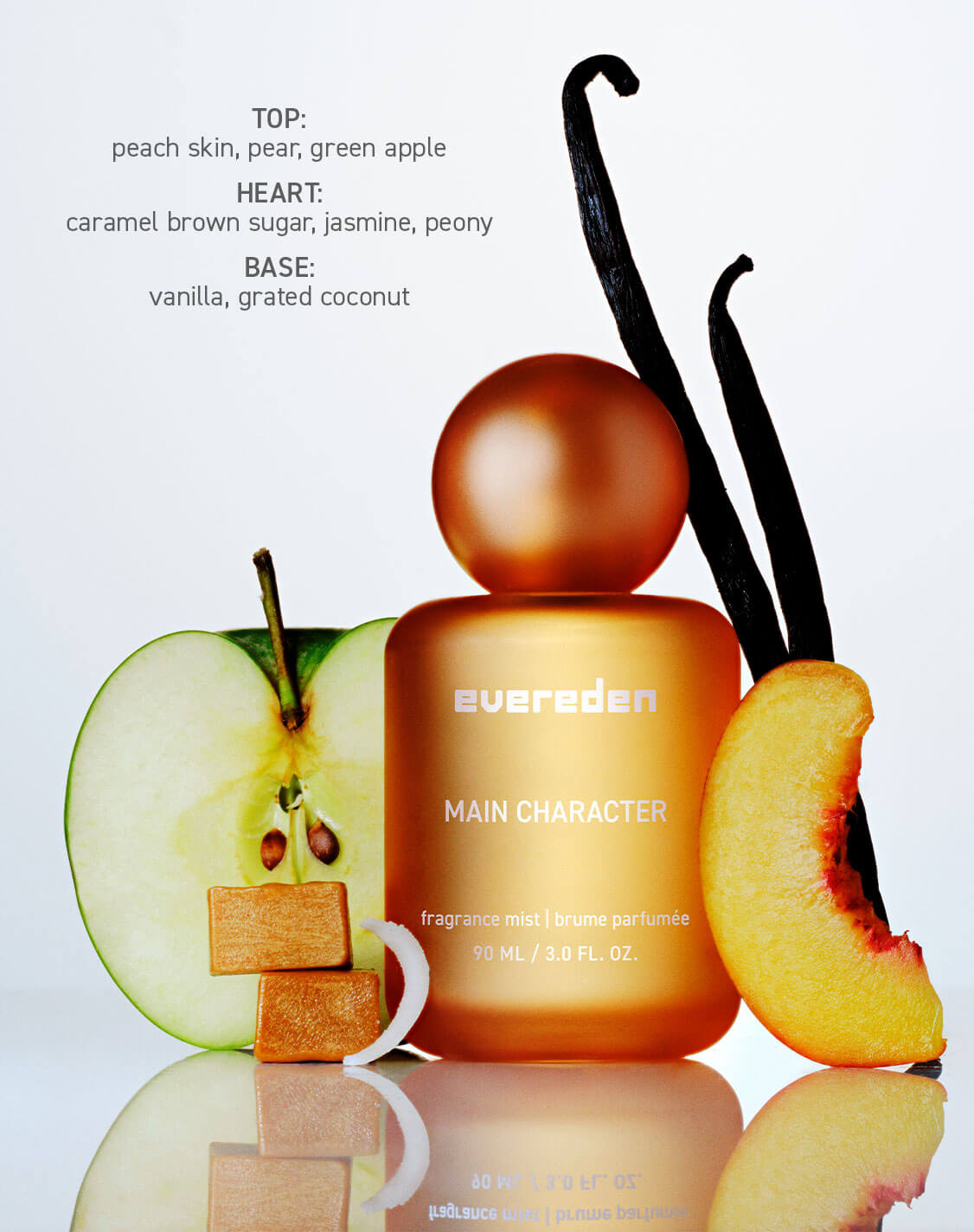 TOP:
peach skin, pear, green apple

HEART:
caramel brown sugar, jasmine, peony

BASE:
vanilla, grated coconut