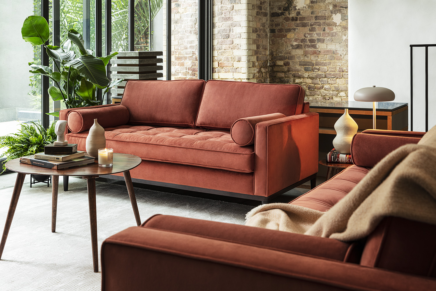 Model 02 2 and 3 seater sofa set in Brick Velvet Lifestyle image 
