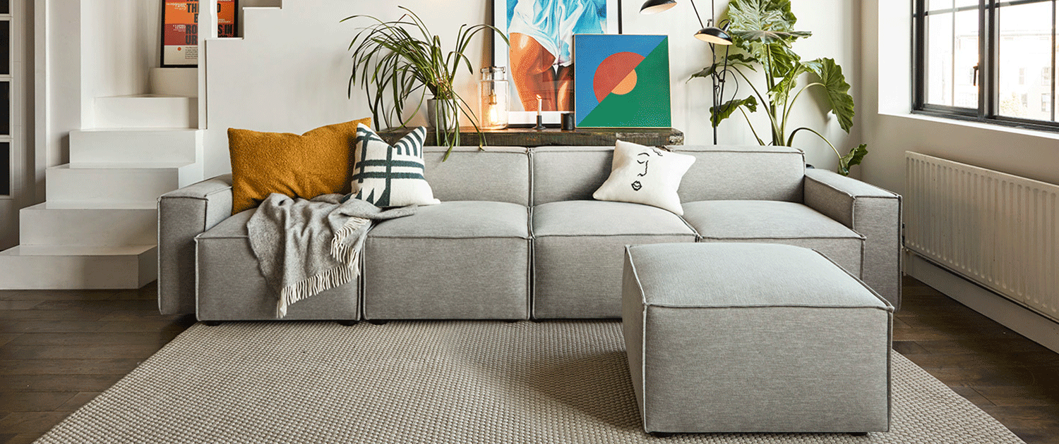 Model 03 4 Seater Sofa with ottoman in Shadow Linen Lifestyle image