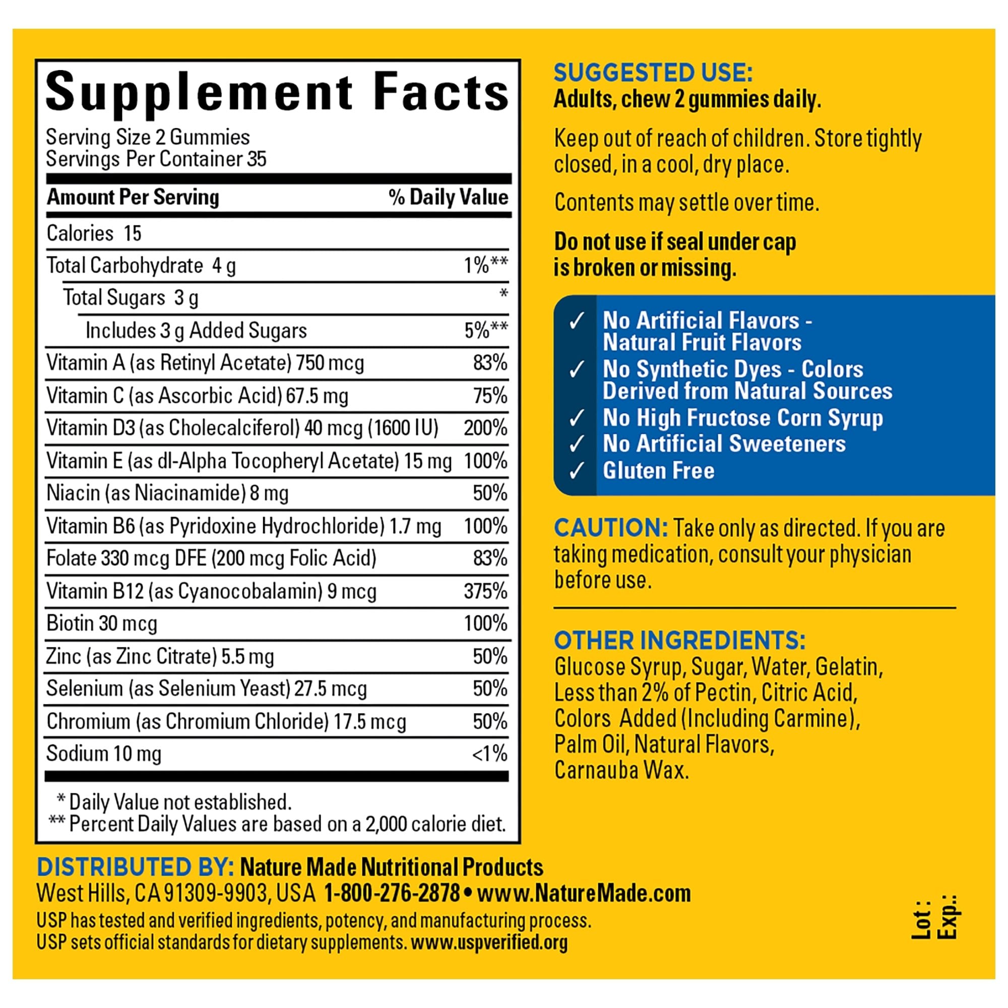Supplement facts label and ingredients for Nature Made Men’s multivitamin gummies