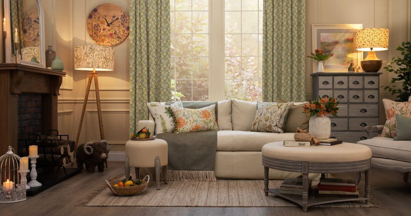 A living room decorated with country folk style spring and summer decor.
