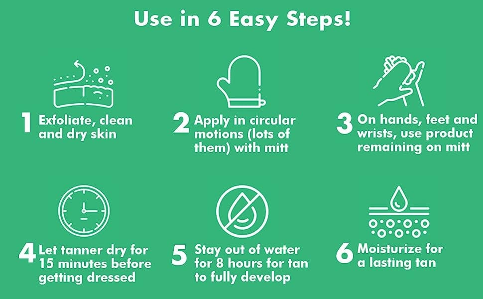 Use in 6 Easy Steps! 1. Exfoliate, clean and dry skin. 2. Apply in circular
motions (lots of them) with mitt. 3. On hands, feet and wrists, use product remaining on mitt. 4. Let tanner dry for 15 minutes before getting dressed. 5. Stay out of water
for 8 hours for tan to fully develop. 6. Moisturize for a lasting tan