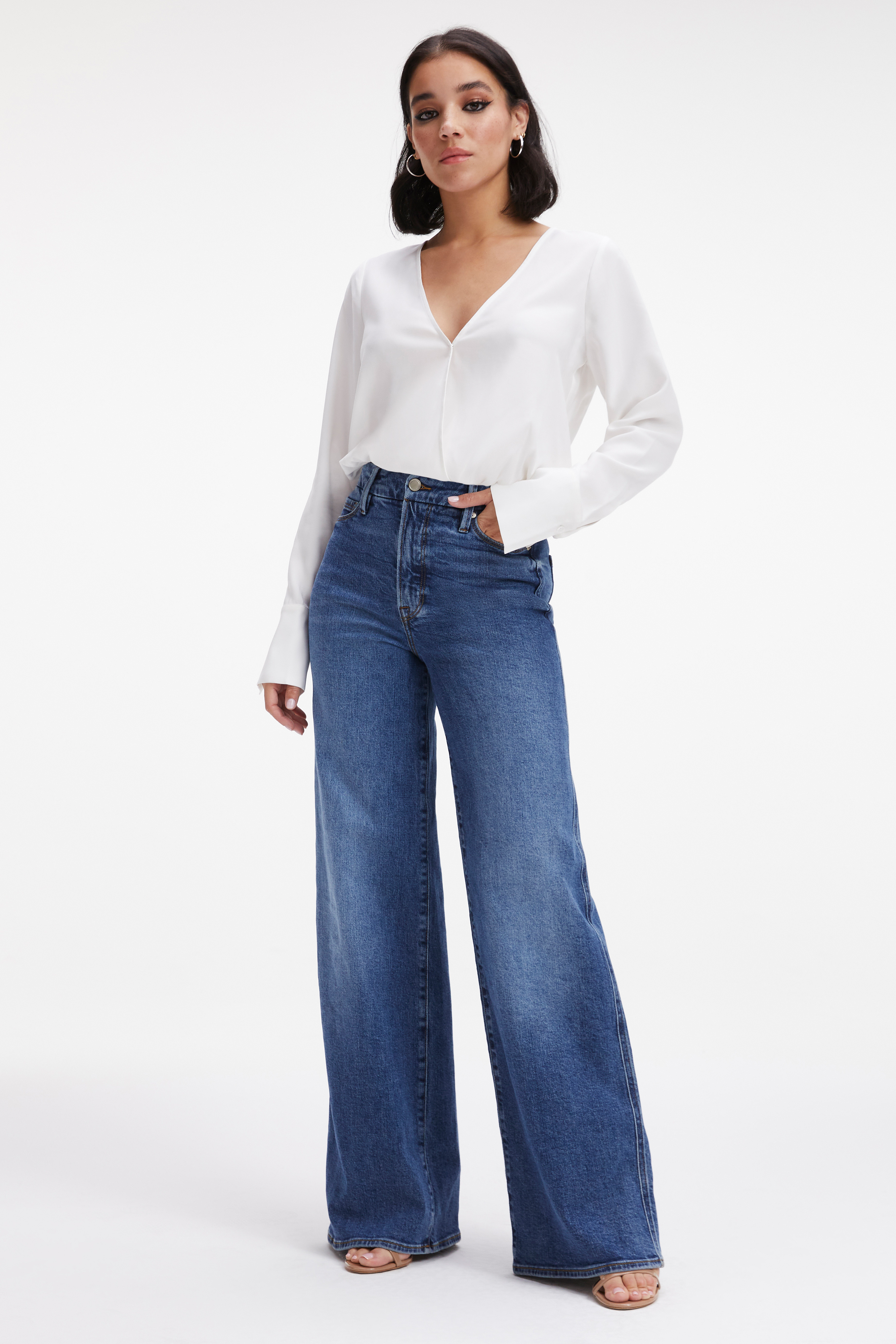 WOVEN WRAP TOP in IVORY001 styled with our GOOD SKATE JEANS in INDIGO062, GOOD SKATE JEANS in BLACK274, or GOOD SKATE JEANS in INDIGO208