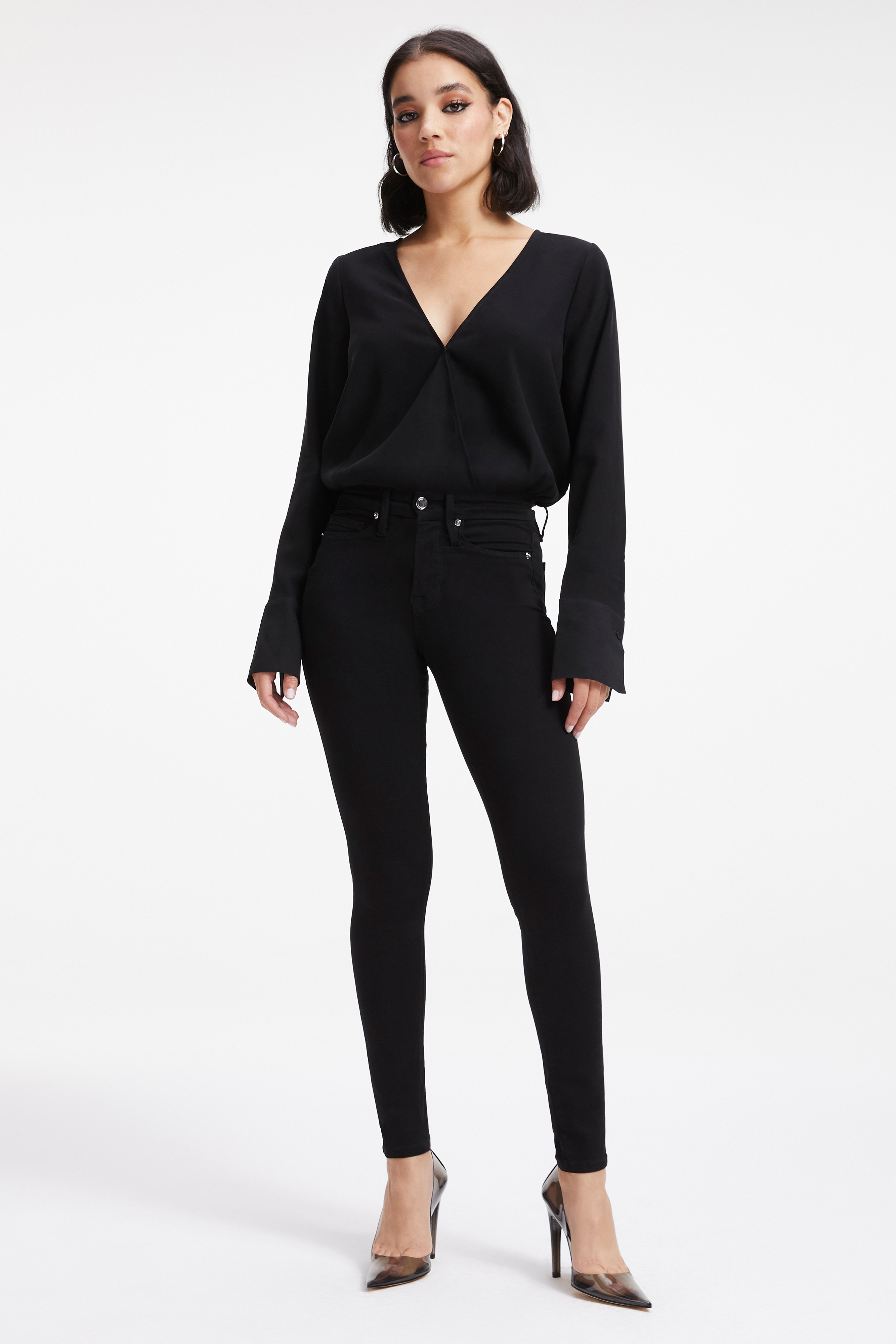 WOVEN WRAP TOP in BLACK001 styled with our ALWAYS FITS GOOD PETITE SKINNY in BLACK165, GOOD LEGS RAW HEM in BLACK184, or ALWAYS FITS GOOD CLASSIC in BLACK165