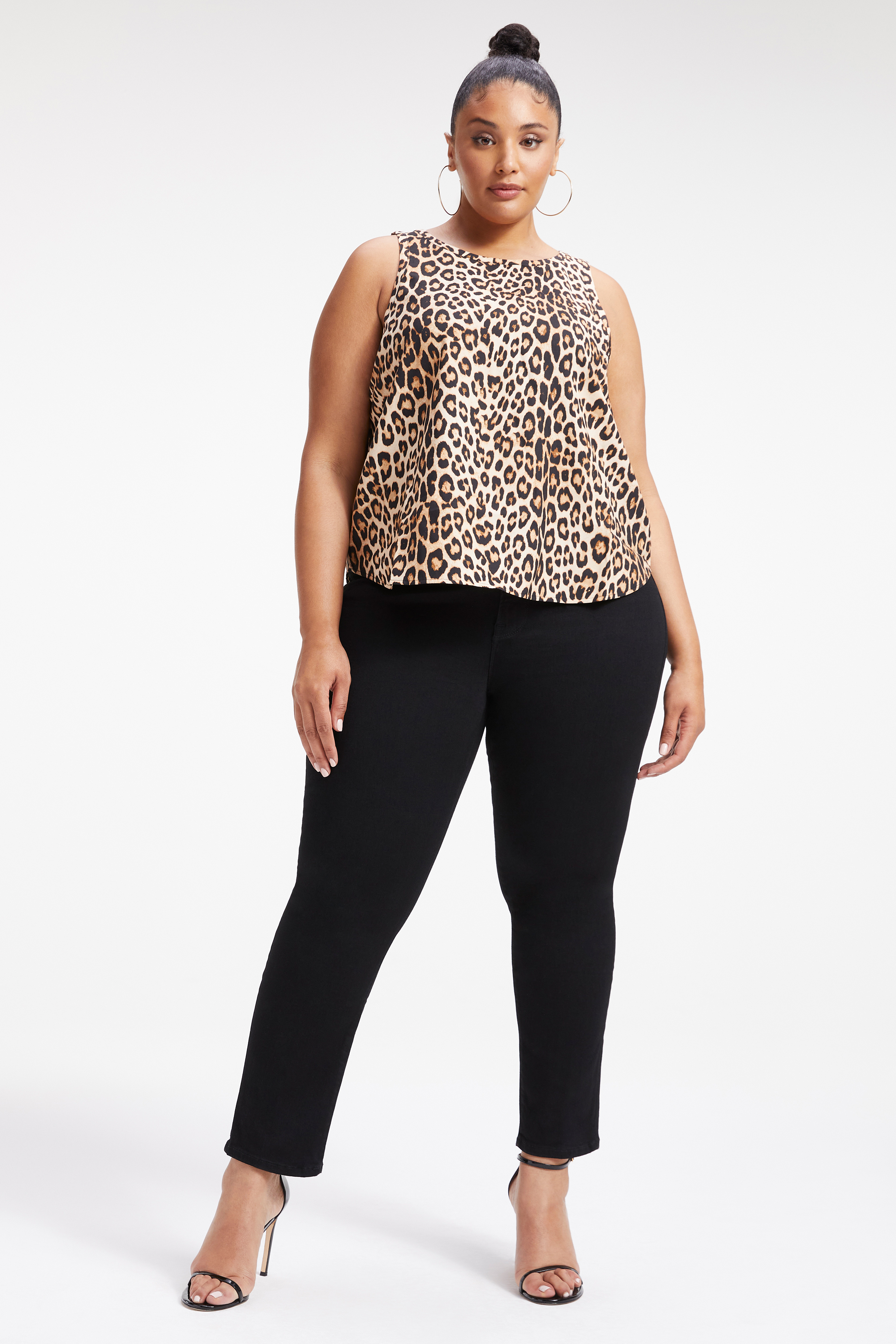 WOVEN CUT IN TANK in GOOD LEOPARD003 styled with our GOOD STRAIGHT JEANS in BLACK184, or ALWAYS FITS GOOD CLASSIC JEANS in BLACK165