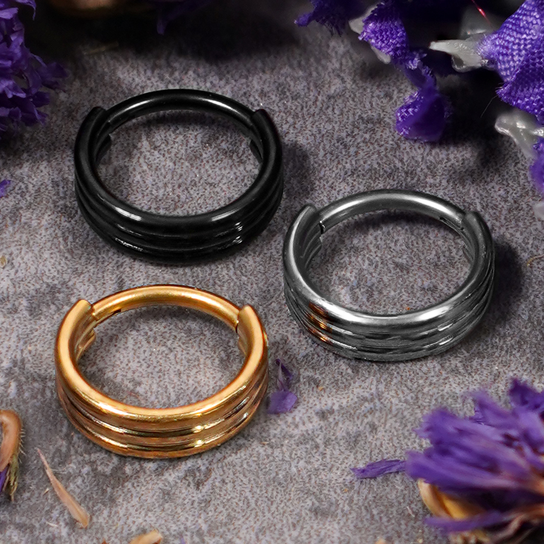 Titanium Hinged Triple Stacked Septum Ring Titanium Hinged Triple Stacked Septum Ring 1.2mm Gauge in Gold