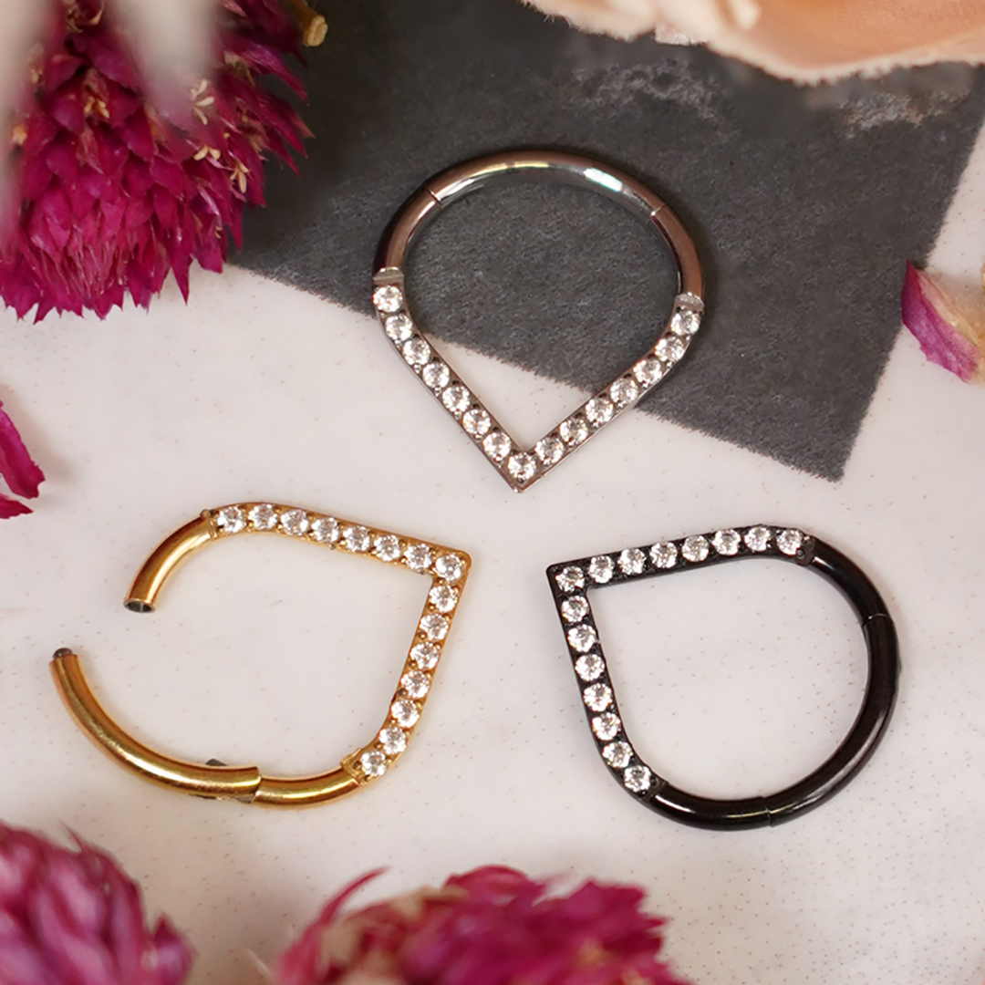 Titanium Hinged Teardrop Septum Ring 1.2mm with Clear Gems