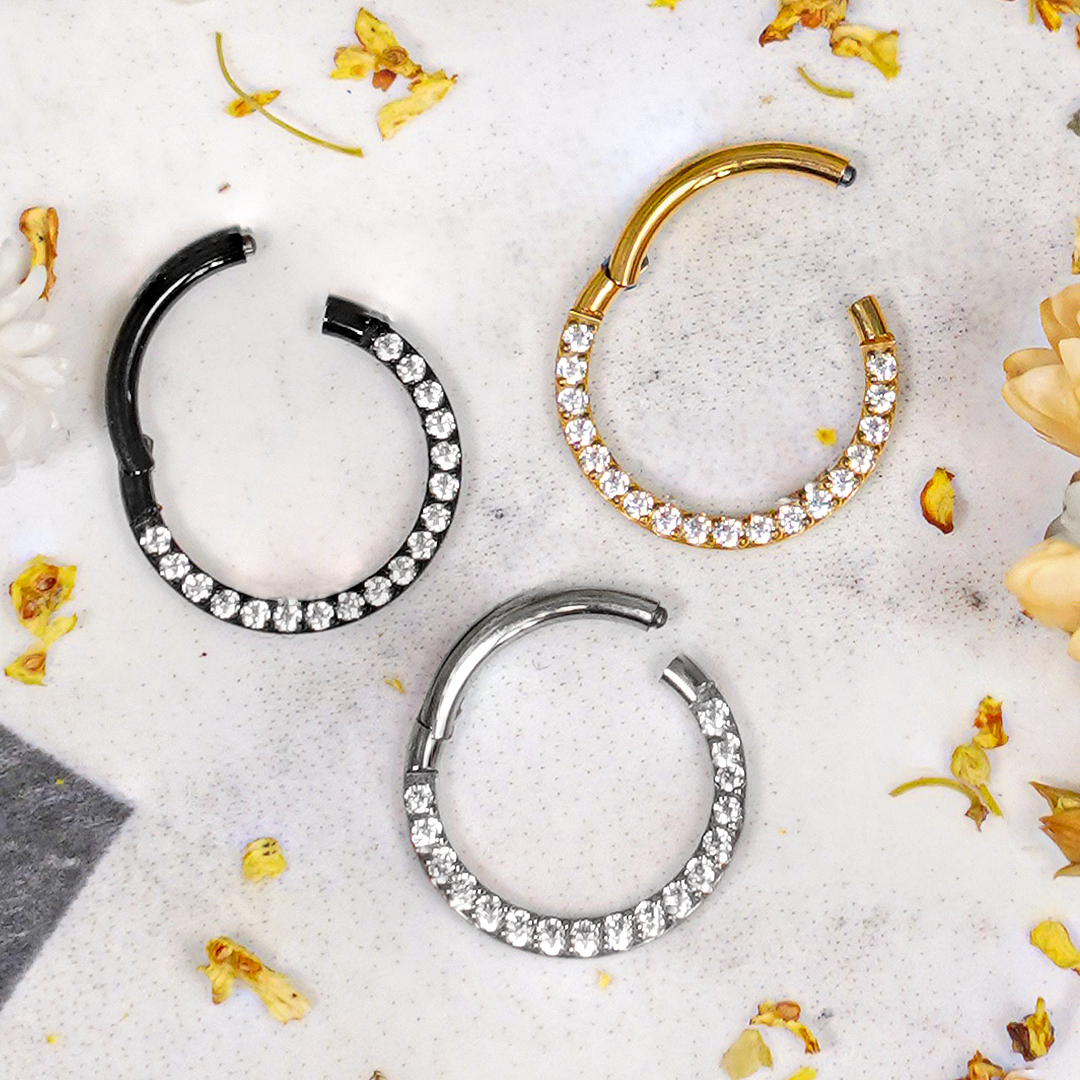 Titanium Hinged Septum Ring 1.2mm with Clear Gems